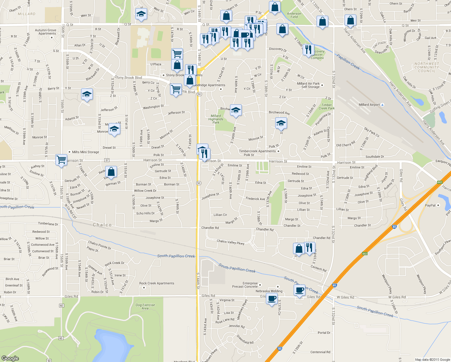 map of restaurants, bars, coffee shops, grocery stores, and more near 7203 South 141st Street in Omaha