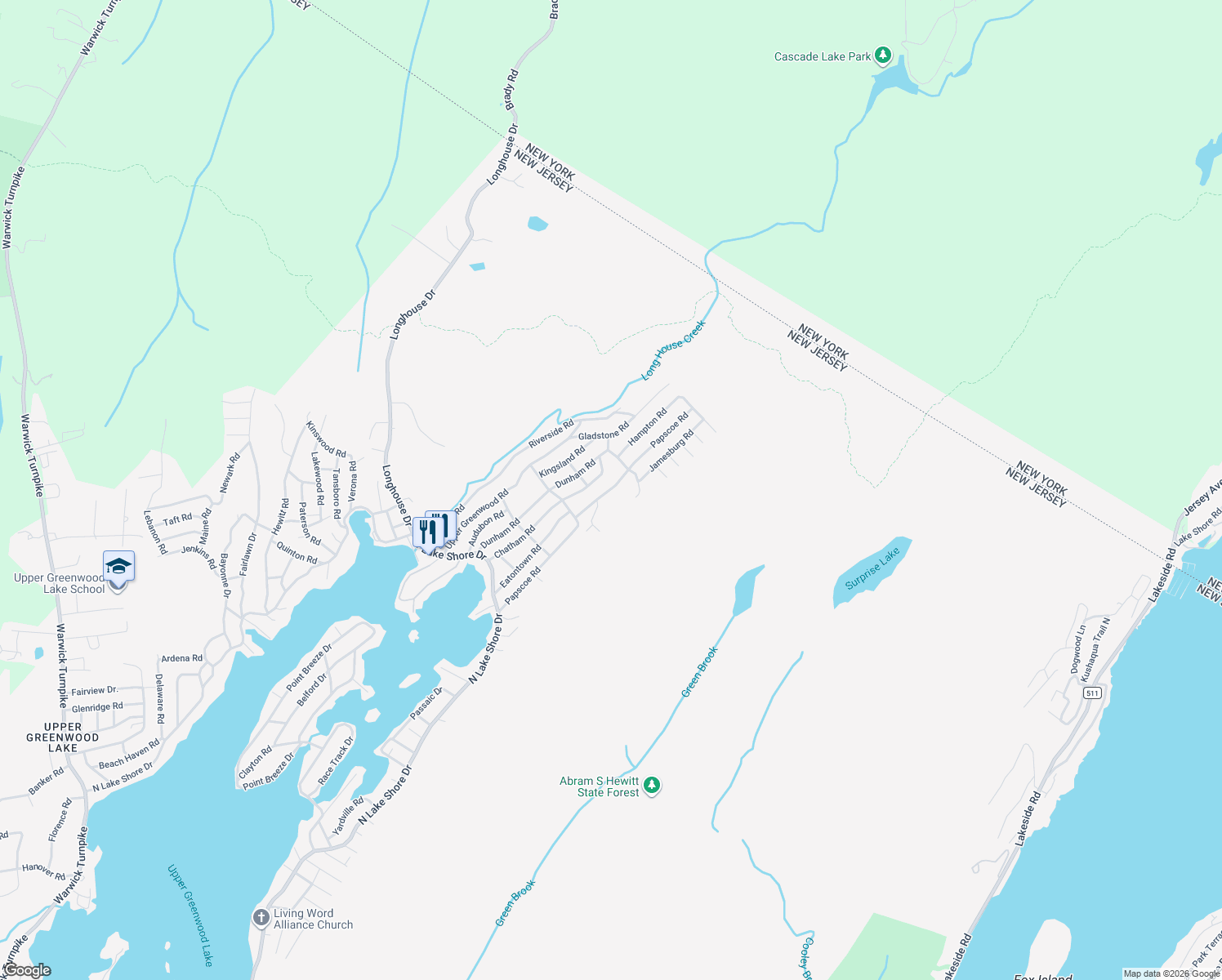 map of restaurants, bars, coffee shops, grocery stores, and more near 91 Papscoe Road in West Milford