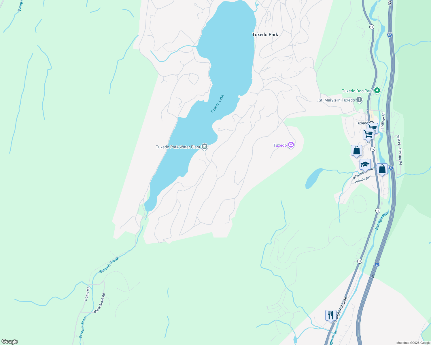 map of restaurants, bars, coffee shops, grocery stores, and more near 24 Acoma Road in Tuxedo Park