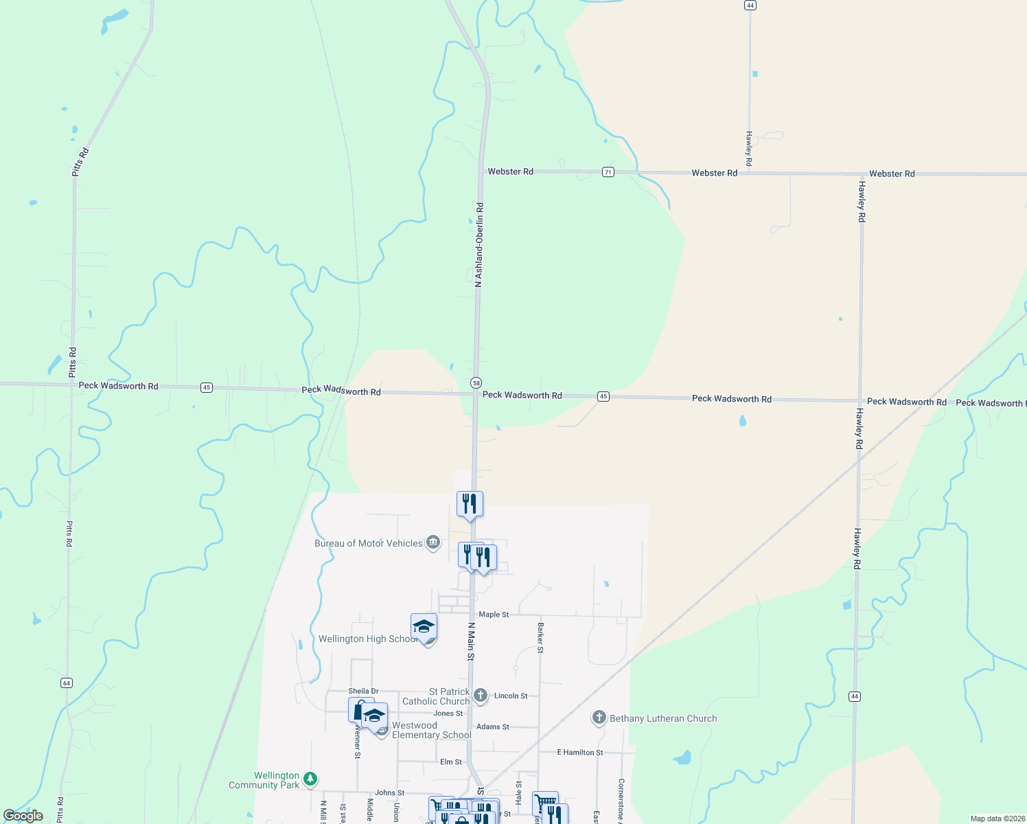 map of restaurants, bars, coffee shops, grocery stores, and more near 45835 Peck Wadsworth Road in Wellington