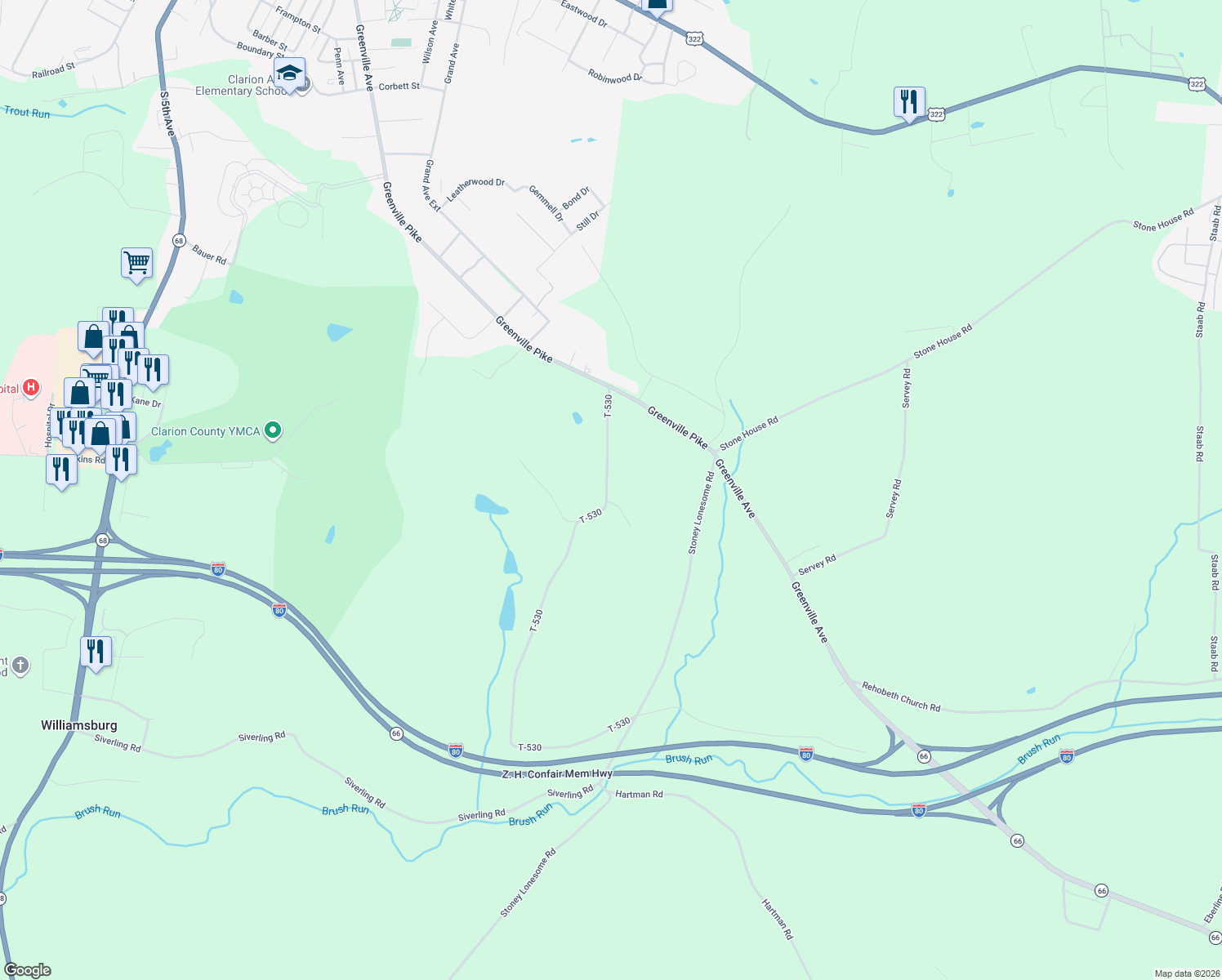 map of restaurants, bars, coffee shops, grocery stores, and more near 1175-1299 T-530 in Clarion