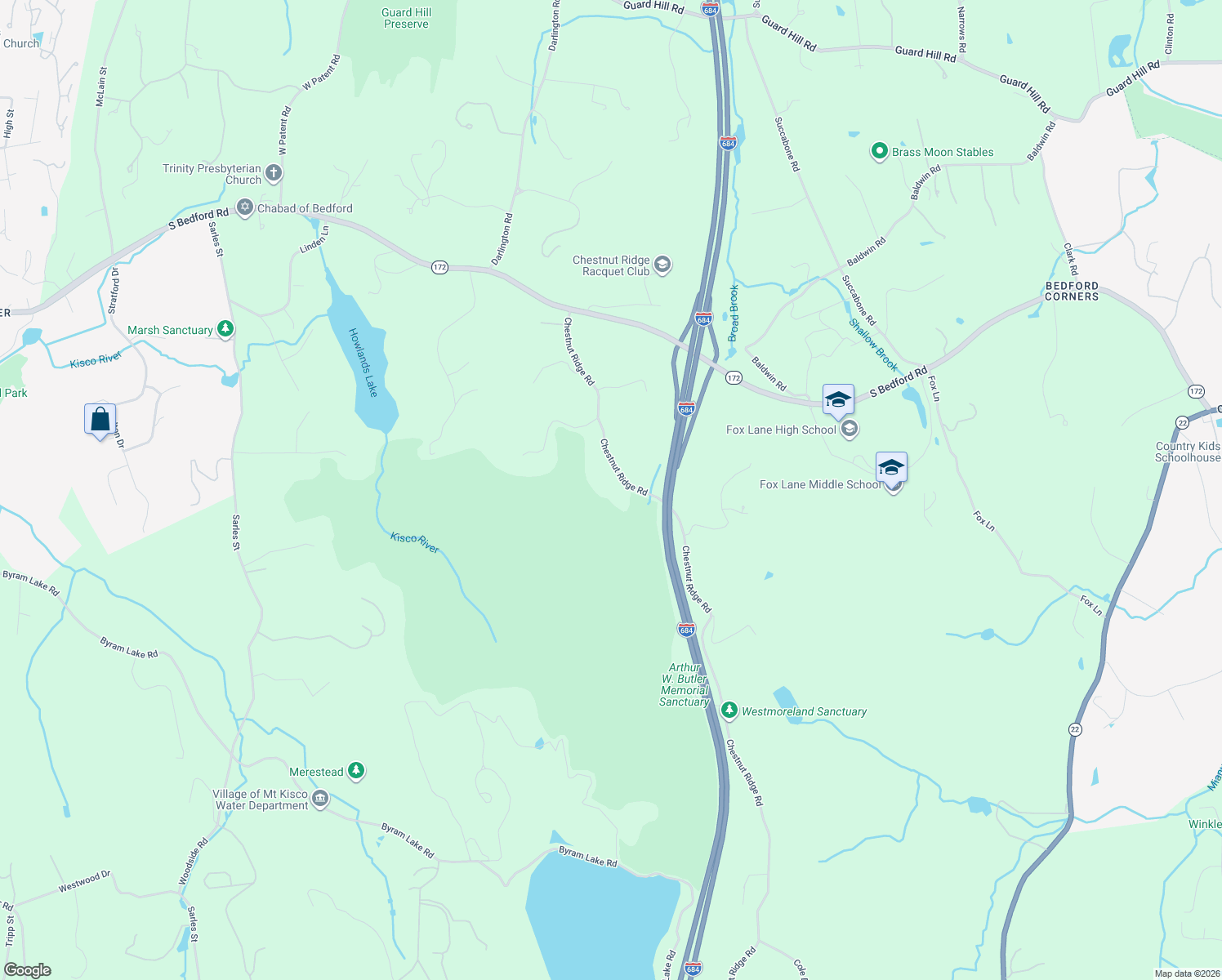 map of restaurants, bars, coffee shops, grocery stores, and more near 117 Chestnut Ridge Road in Mount Kisco