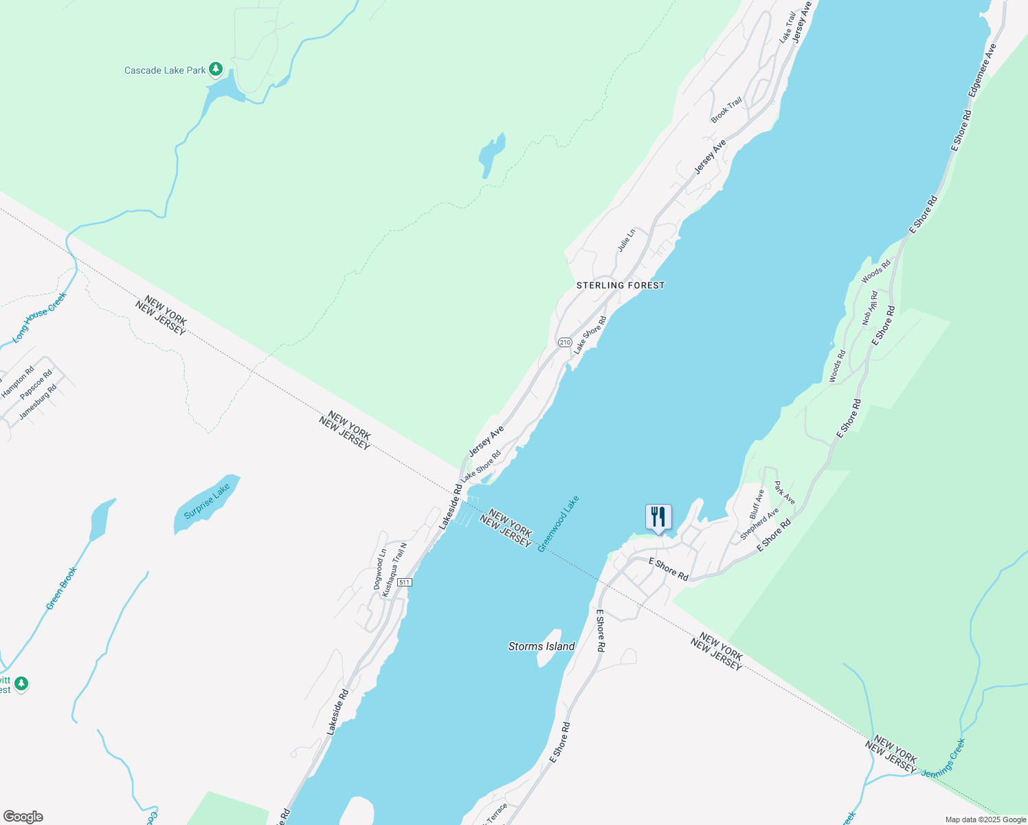 map of restaurants, bars, coffee shops, grocery stores, and more near 73 Jersey Avenue in Greenwood Lake