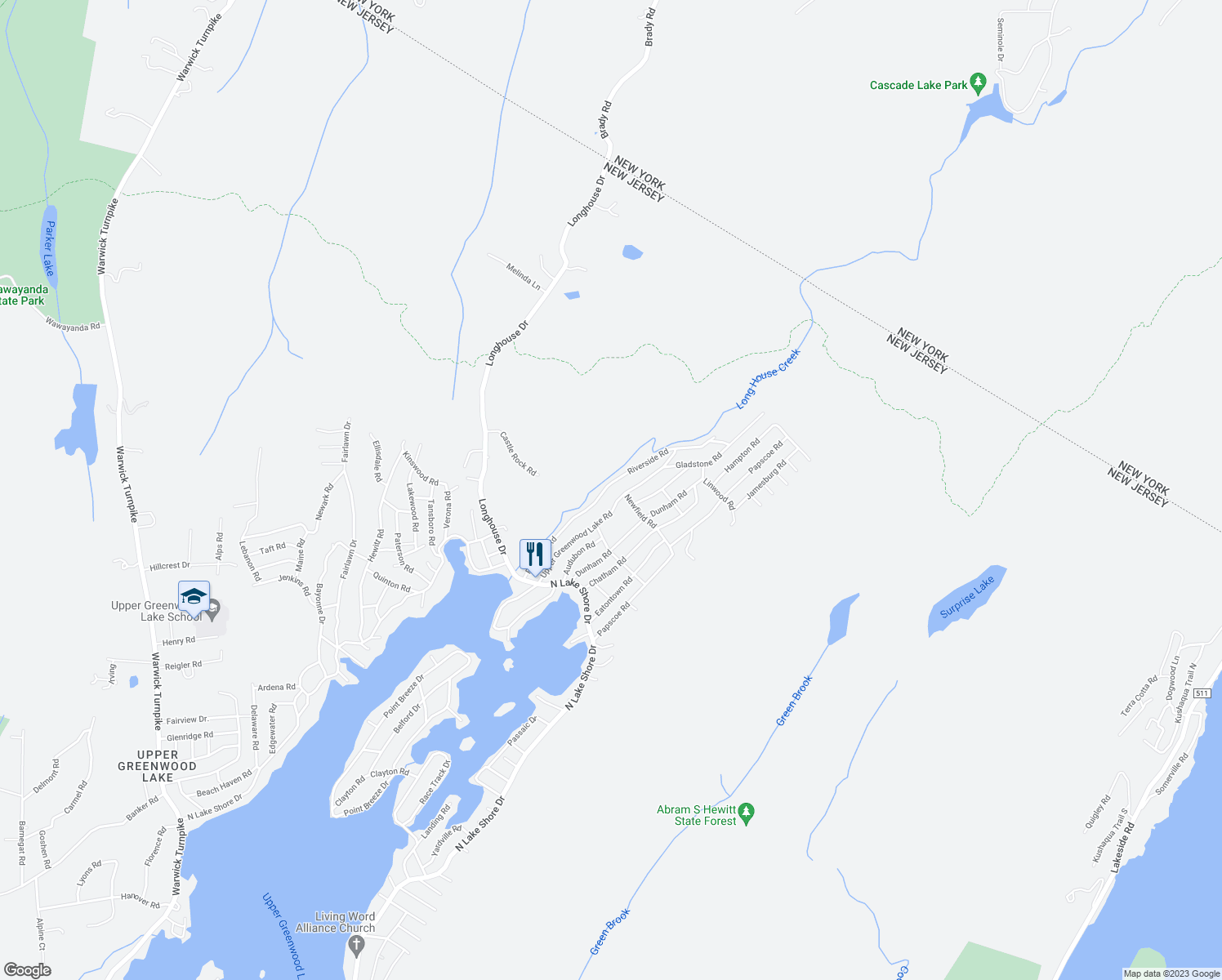 map of restaurants, bars, coffee shops, grocery stores, and more near 78 Riverside Road in West Milford