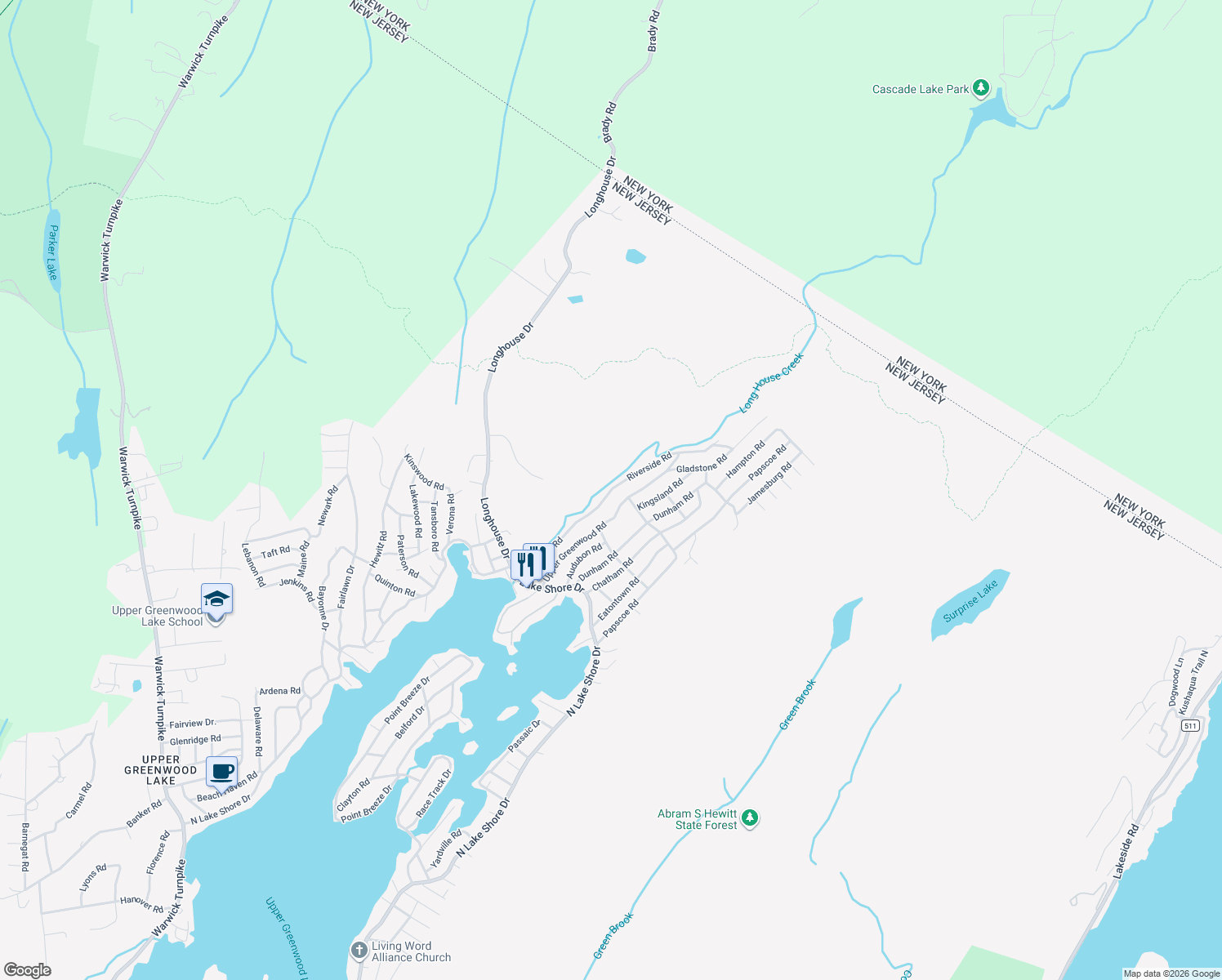 map of restaurants, bars, coffee shops, grocery stores, and more near 78 Riverside Road in West Milford