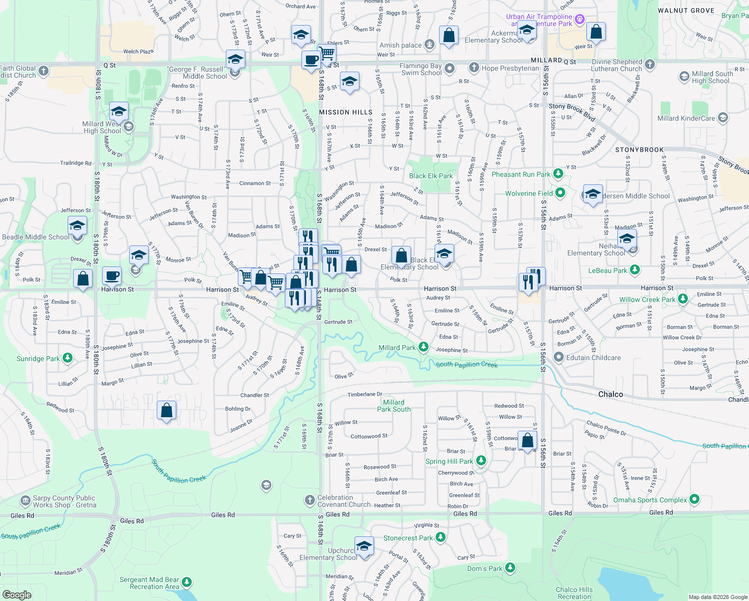map of restaurants, bars, coffee shops, grocery stores, and more near 6908 South 164th Avenue in Omaha