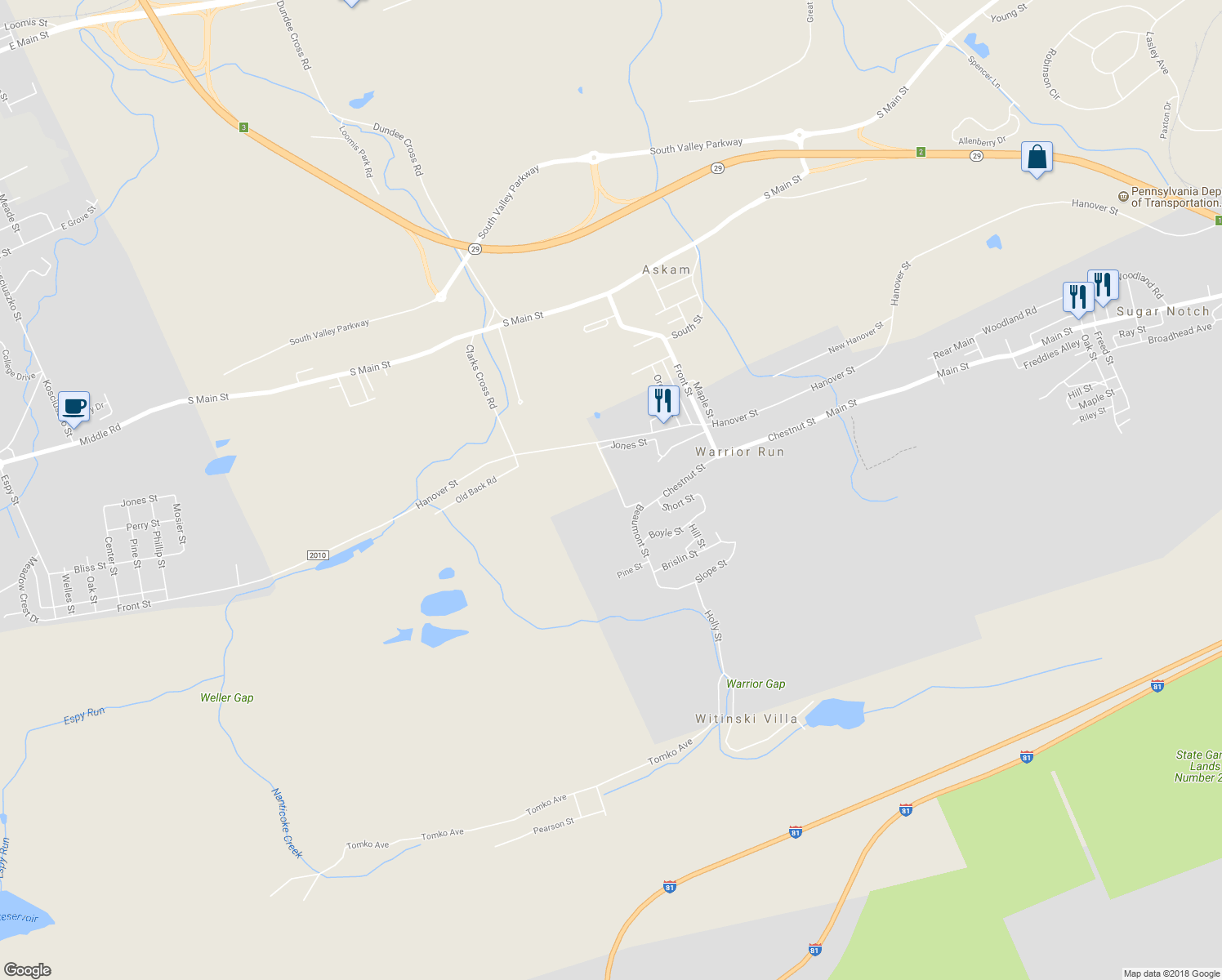 map of restaurants, bars, coffee shops, grocery stores, and more near 459 Beaumont St in Warrior Run