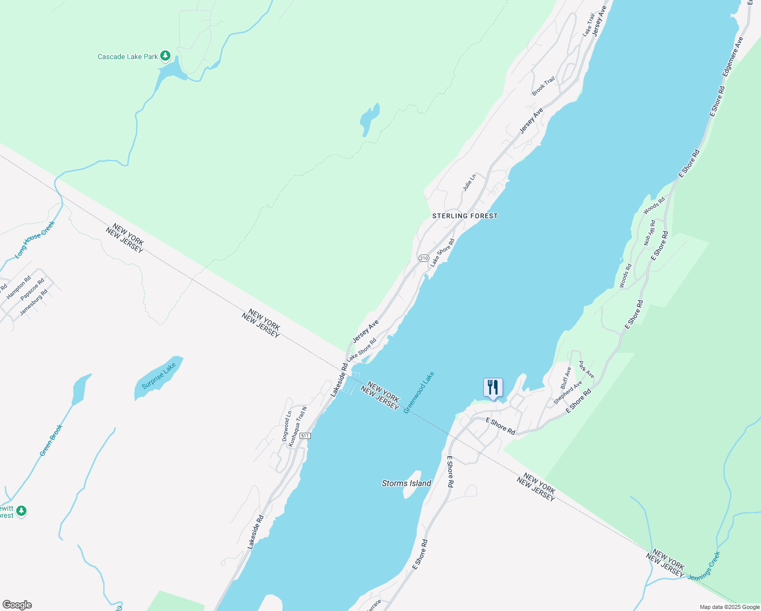 map of restaurants, bars, coffee shops, grocery stores, and more near 73 Jersey Ave in Greenwood Lake
