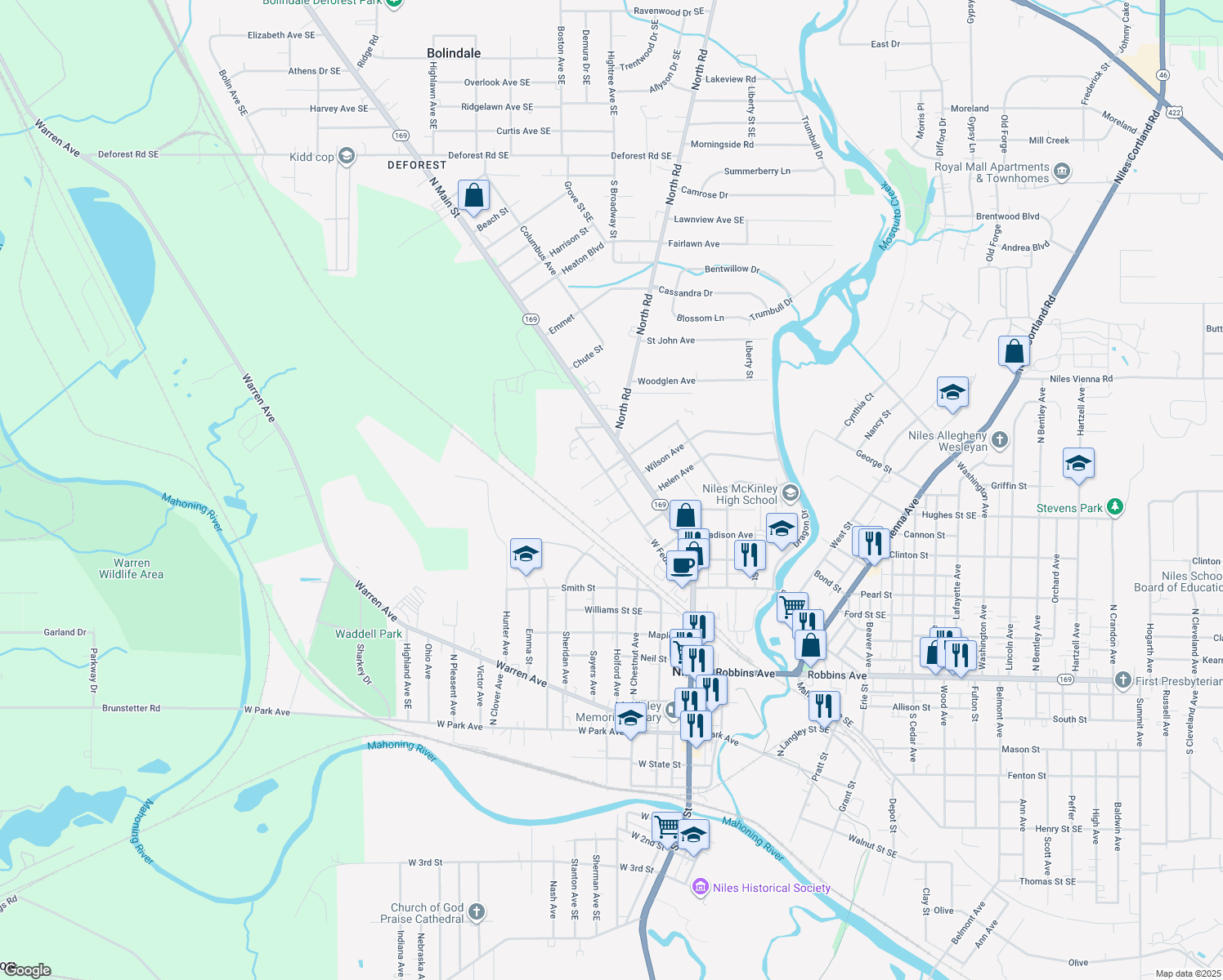 map of restaurants, bars, coffee shops, grocery stores, and more near 403 West Federal Street in Niles
