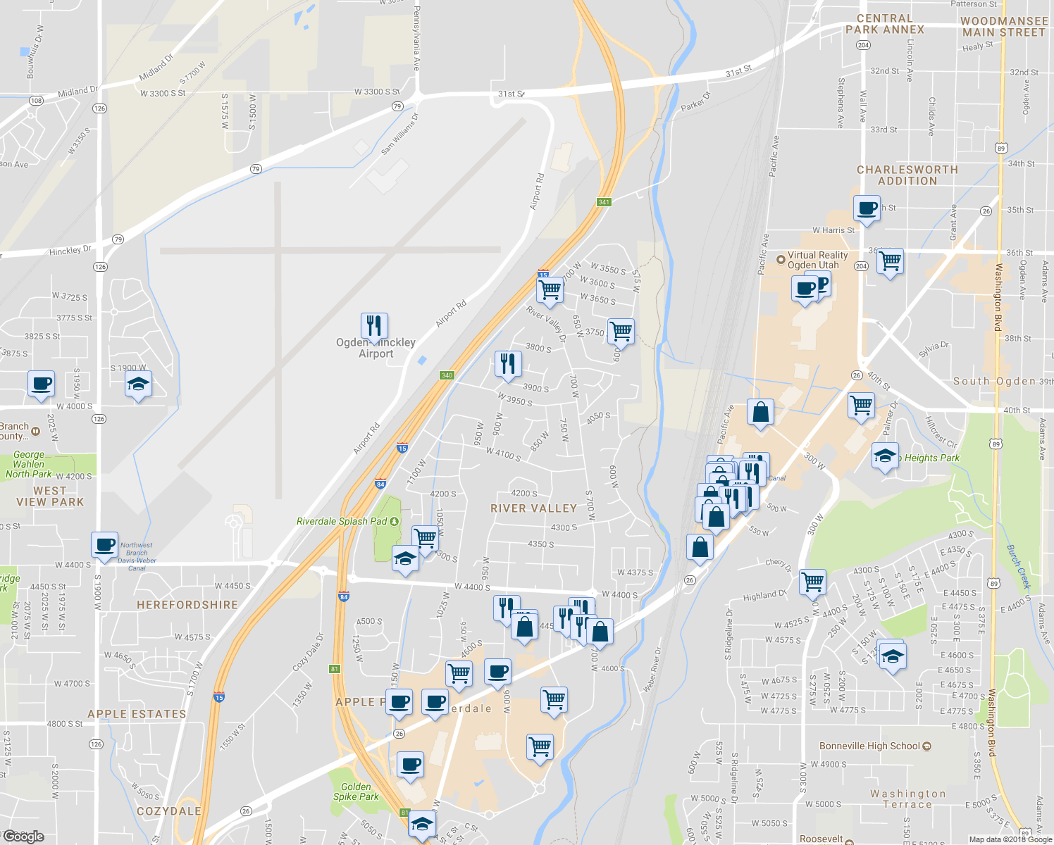 map of restaurants, bars, coffee shops, grocery stores, and more near 4015 Meadow Wood Drive in Ogden
