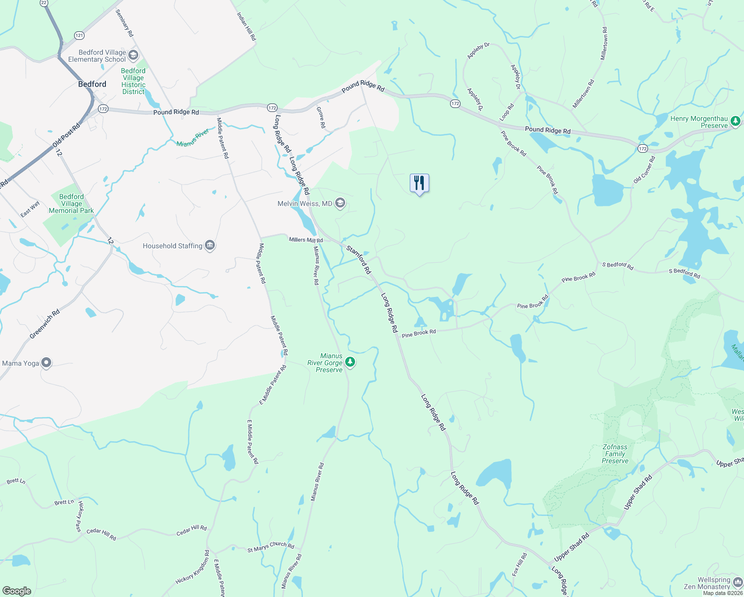 map of restaurants, bars, coffee shops, grocery stores, and more near 201 Long Ridge Road in Bedford
