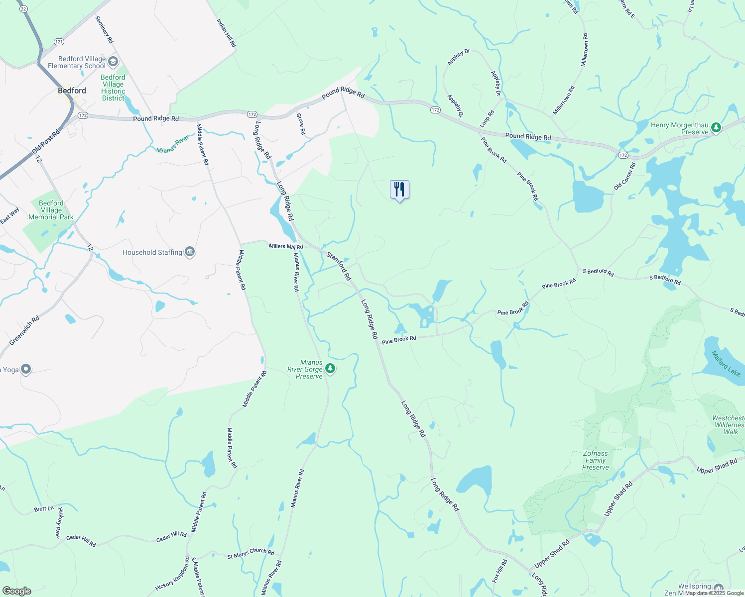 map of restaurants, bars, coffee shops, grocery stores, and more near 200 Long Ridge Road in Bedford