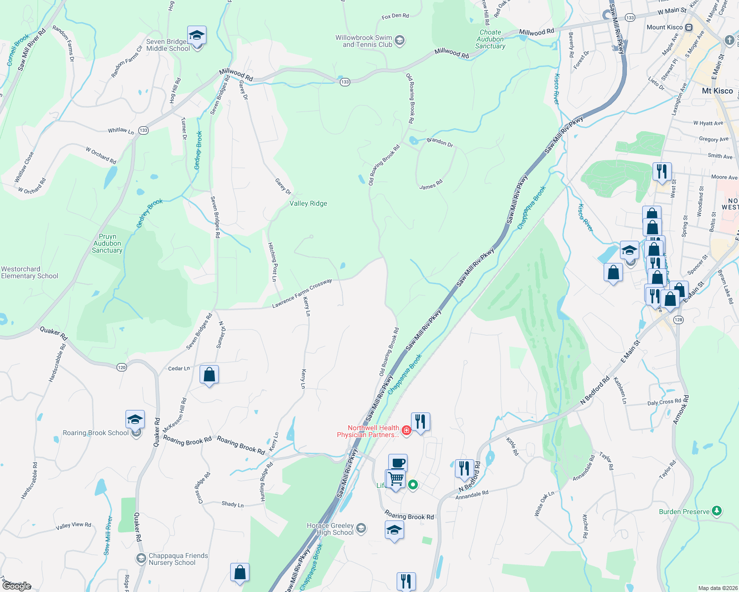 map of restaurants, bars, coffee shops, grocery stores, and more near 122 Old Roaring Brook Road in Mount Kisco