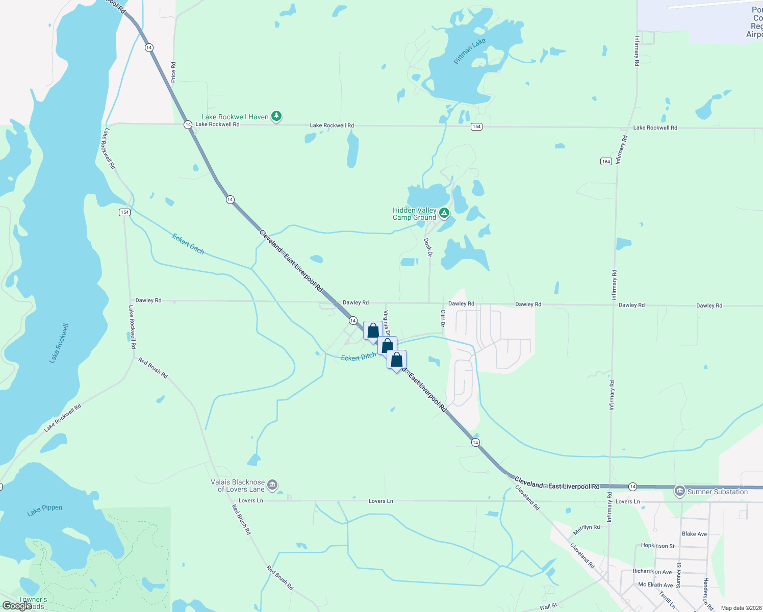 map of restaurants, bars, coffee shops, grocery stores, and more near 3114 Dawley Road in Ravenna