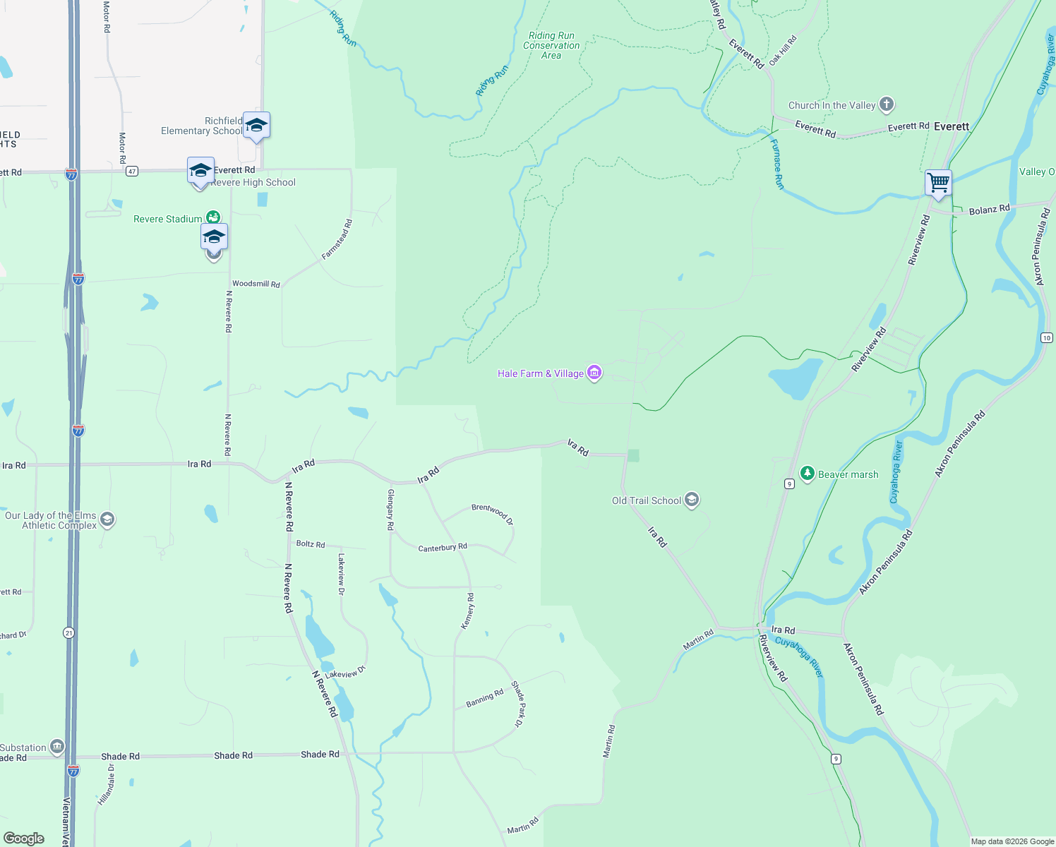 map of restaurants, bars, coffee shops, grocery stores, and more near 2637 Ira Road in Akron