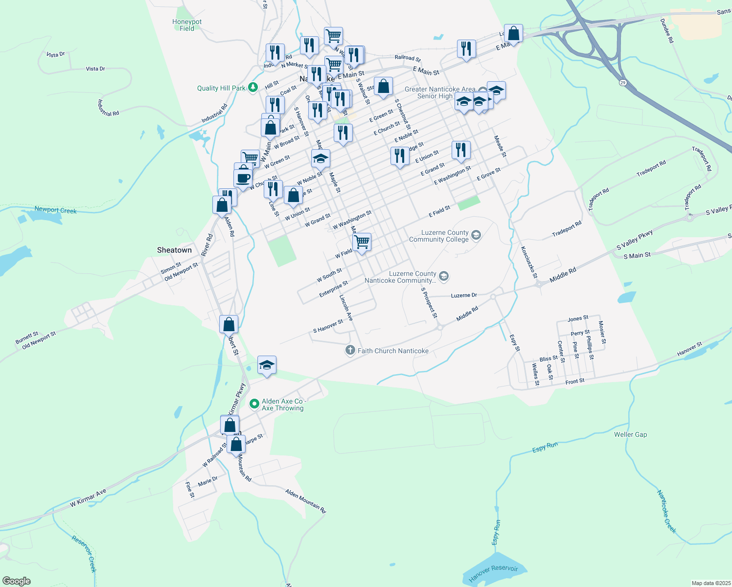 map of restaurants, bars, coffee shops, grocery stores, and more near 109 Hanlin Drive in Nanticoke