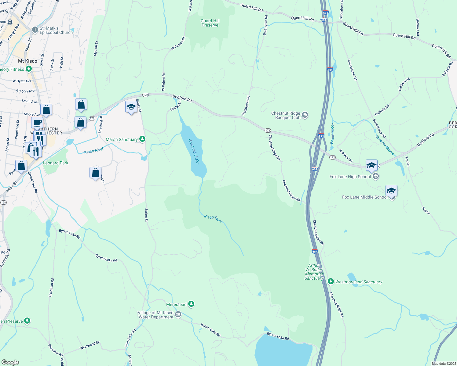 map of restaurants, bars, coffee shops, grocery stores, and more near 98 Old Wagon Road in Mount Kisco