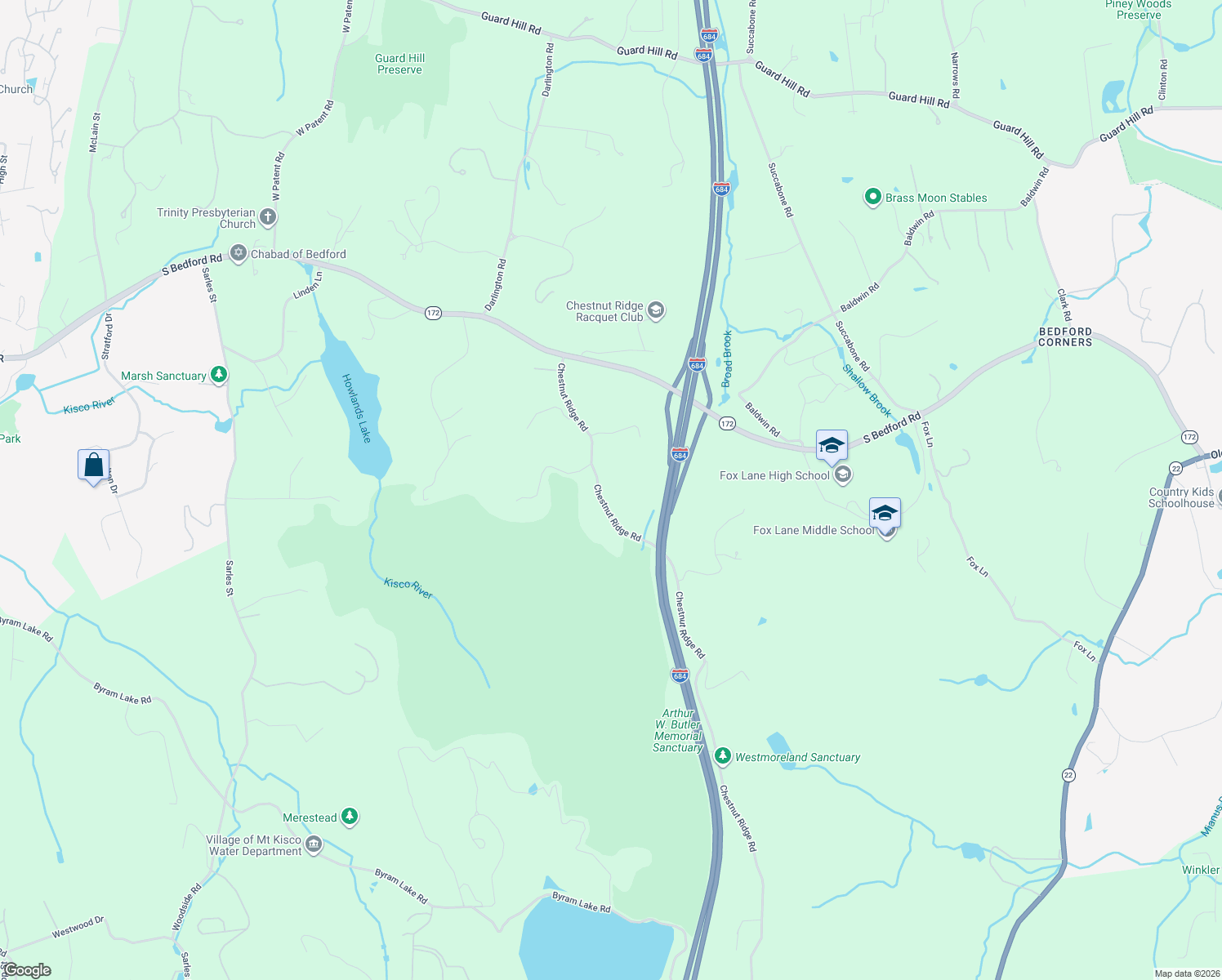 map of restaurants, bars, coffee shops, grocery stores, and more near 80 Chestnut Ridge Road in Mount Kisco