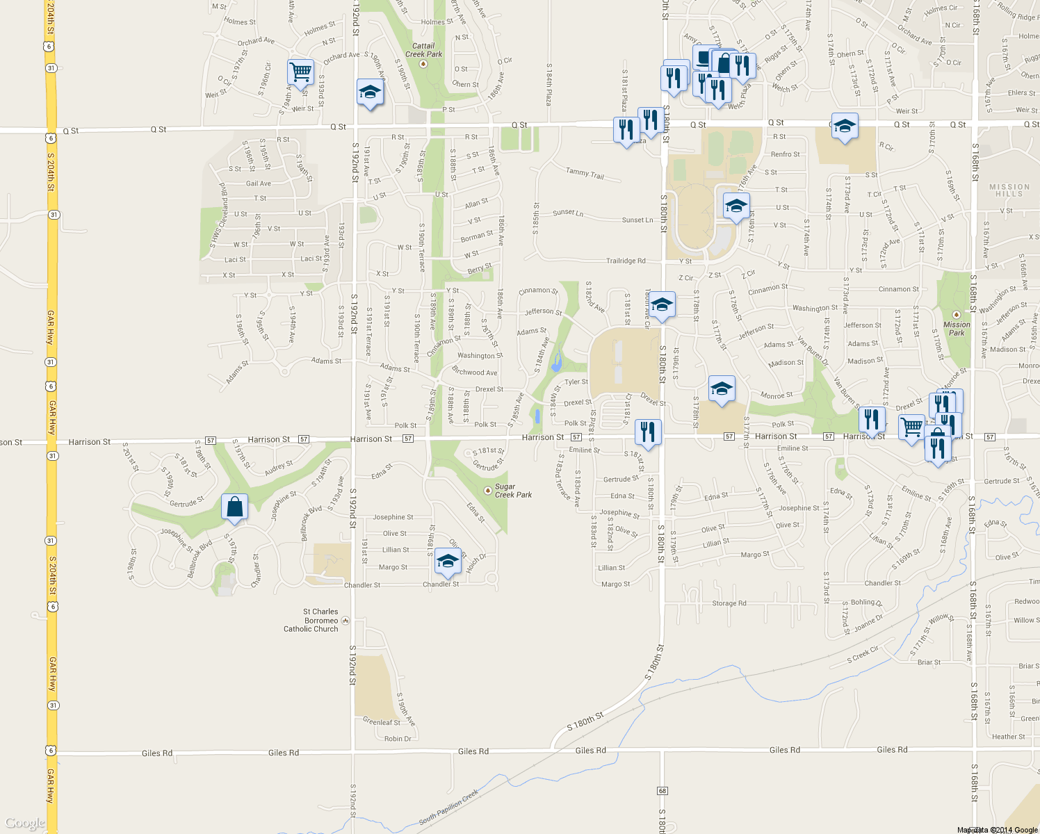 map of restaurants, bars, coffee shops, grocery stores, and more near 18548 Polk Cir in Omaha