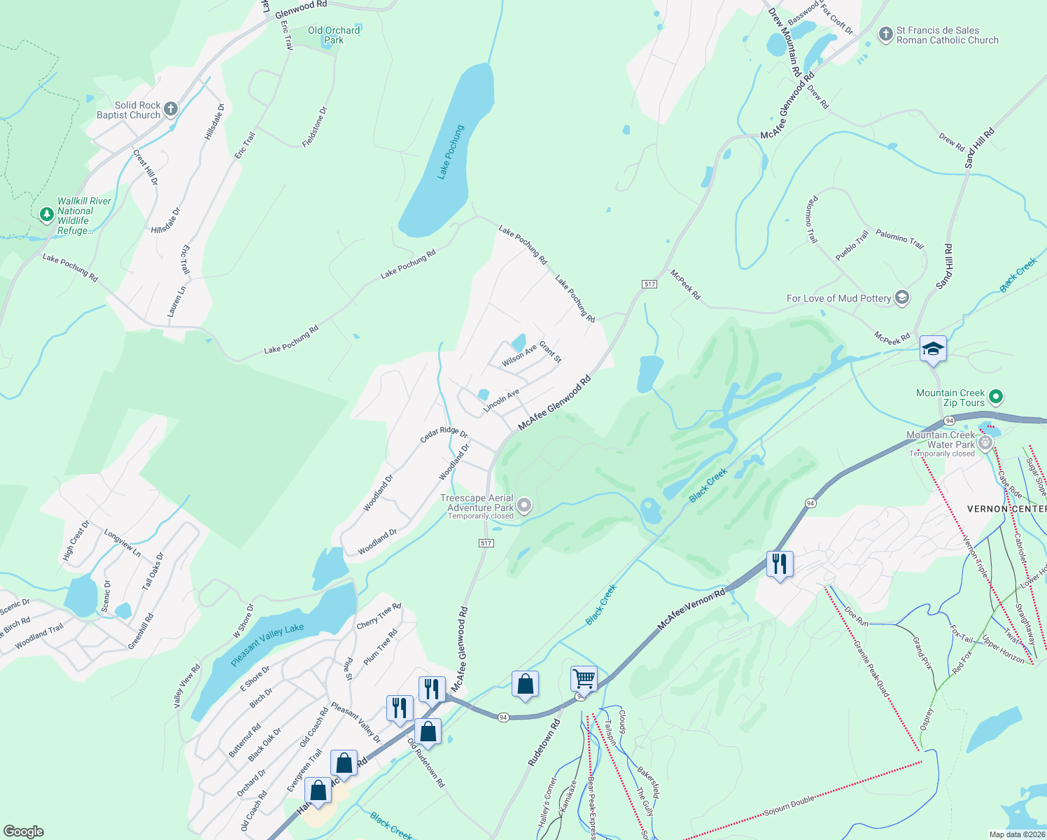 map of restaurants, bars, coffee shops, grocery stores, and more near 449 County Road 517 in Vernon Township
