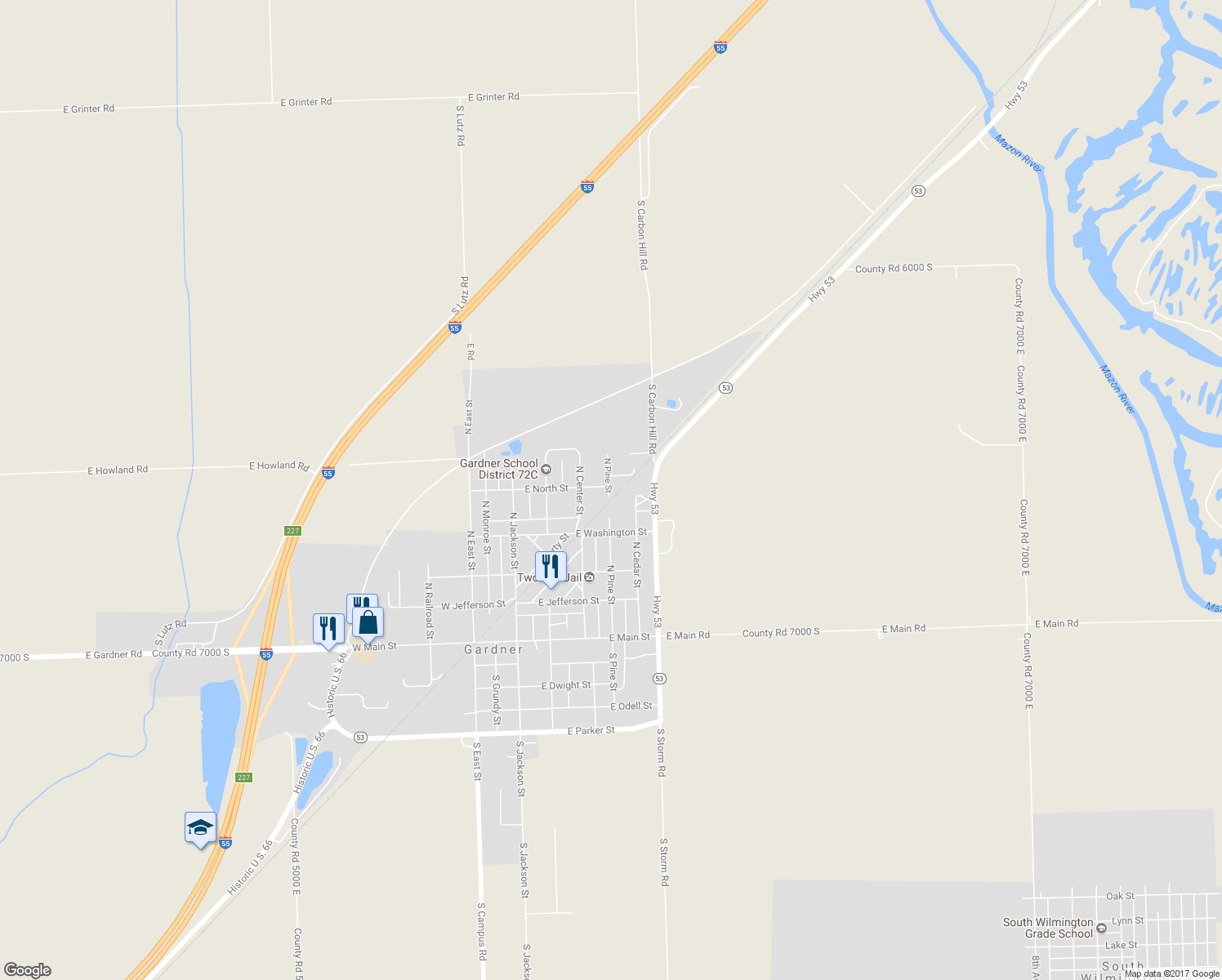 map of restaurants, bars, coffee shops, grocery stores, and more near 414 North Pine Street in Gardner