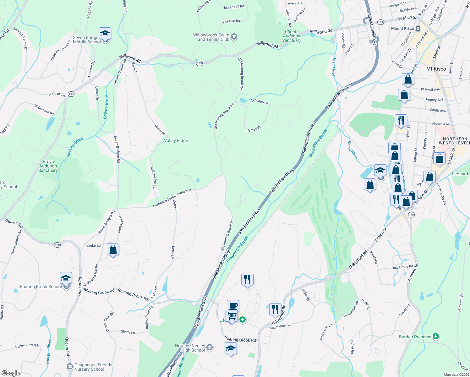 map of restaurants, bars, coffee shops, grocery stores, and more near 115 Old Roaring Brook Road in Mount Kisco