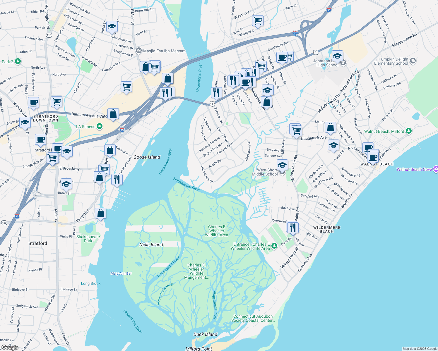 map of restaurants, bars, coffee shops, grocery stores, and more near 300 Housatonic Dr in Milford
