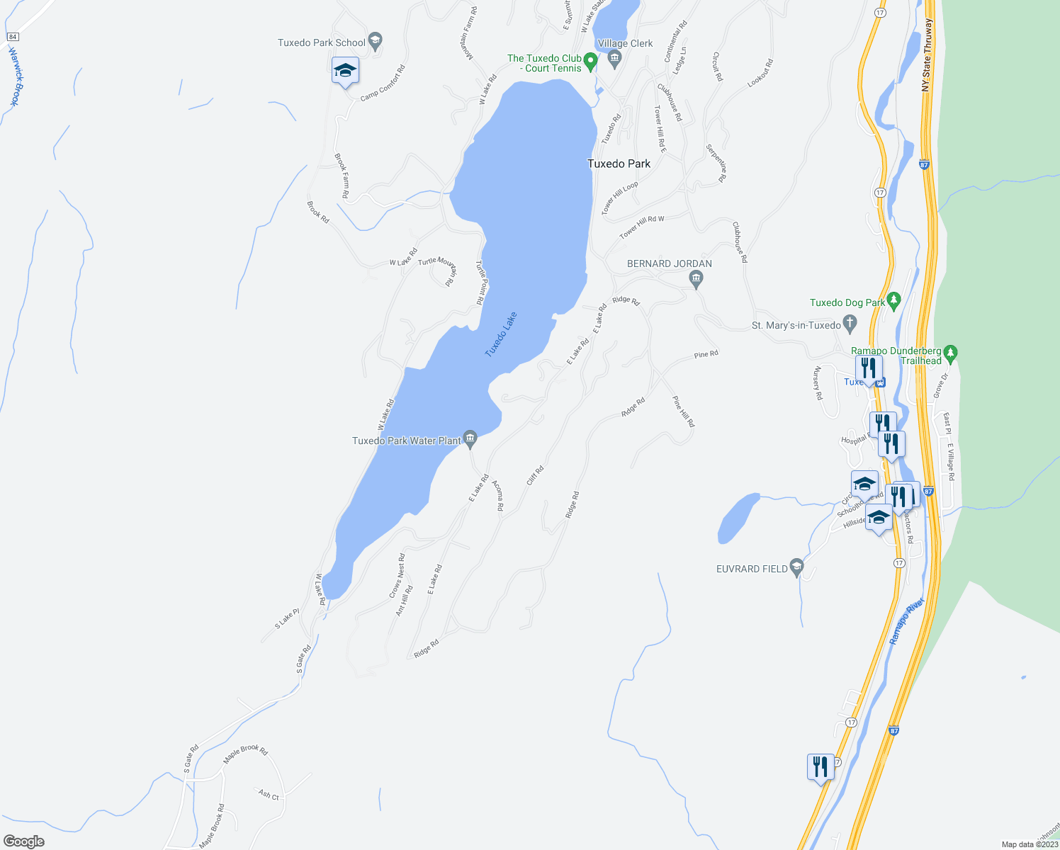 map of restaurants, bars, coffee shops, grocery stores, and more near 117 East Lake Road in Tuxedo Park