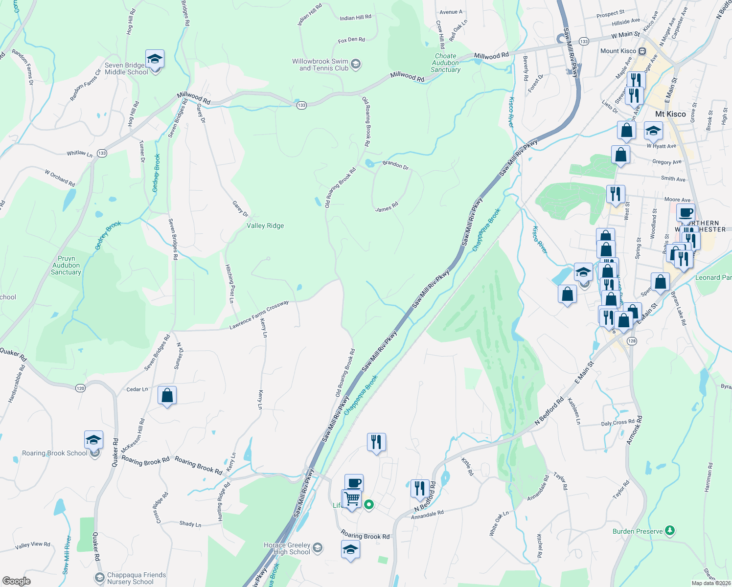 map of restaurants, bars, coffee shops, grocery stores, and more near 115 Old Roaring Brook Road in Mount Kisco