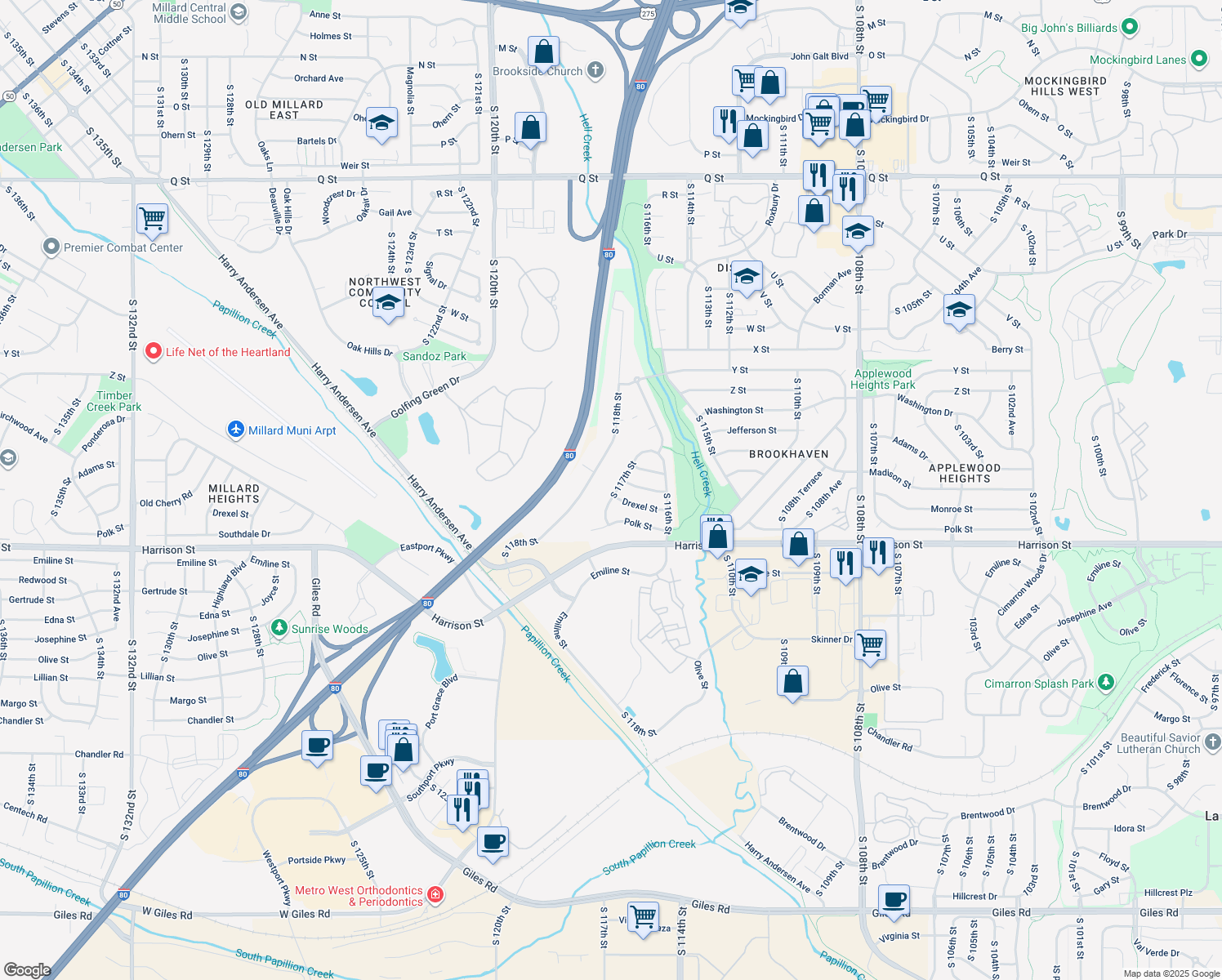 map of restaurants, bars, coffee shops, grocery stores, and more near 6624 S 117th St in Omaha