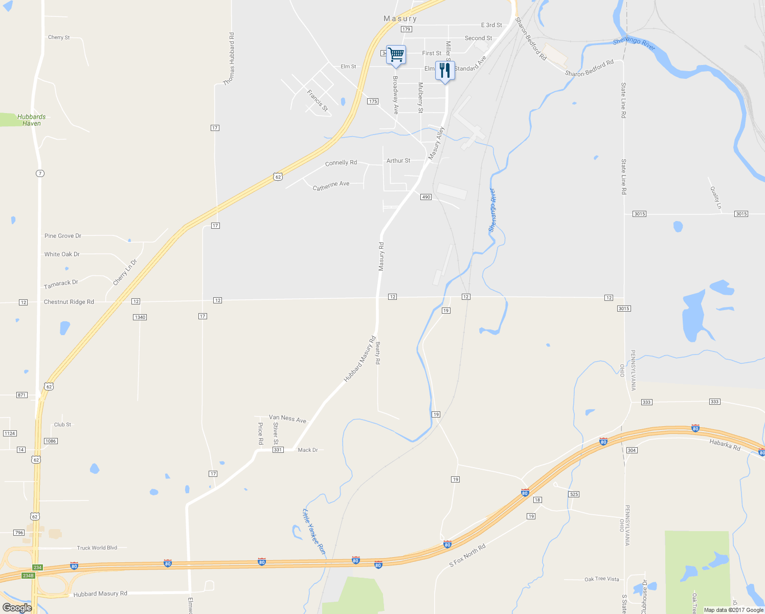 map of restaurants, bars, coffee shops, grocery stores, and more near 1847 Hubbard Masury Road in Hubbard