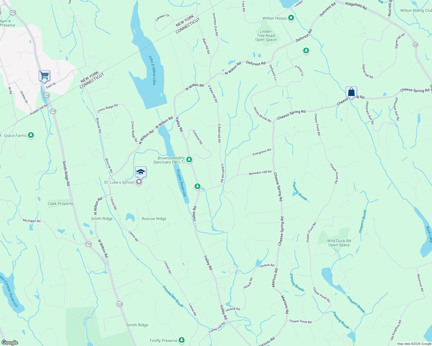 map of restaurants, bars, coffee shops, grocery stores, and more near 44 Benedict Hill Road in New Canaan