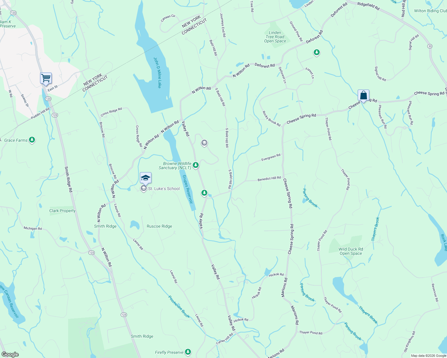 map of restaurants, bars, coffee shops, grocery stores, and more near 44 Benedict Hill Road in New Canaan