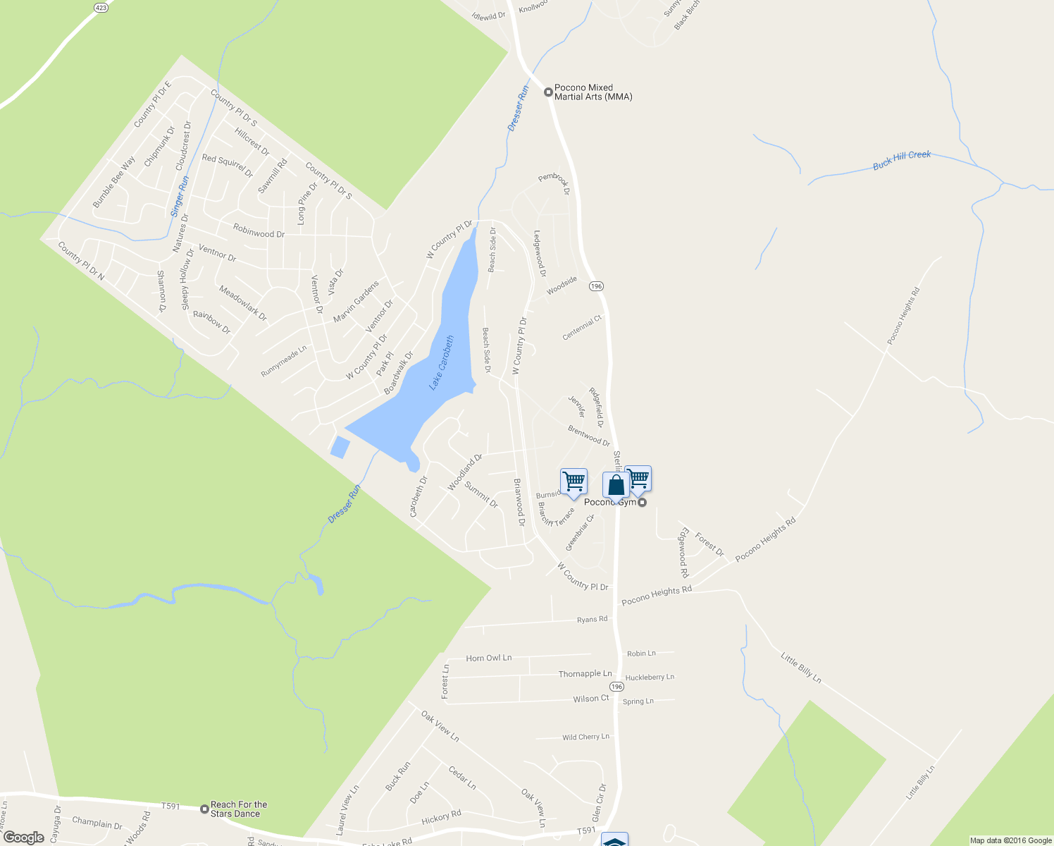map of restaurants, bars, coffee shops, grocery stores, and more near 4589 Briarcliff Terrace in Tobyhanna