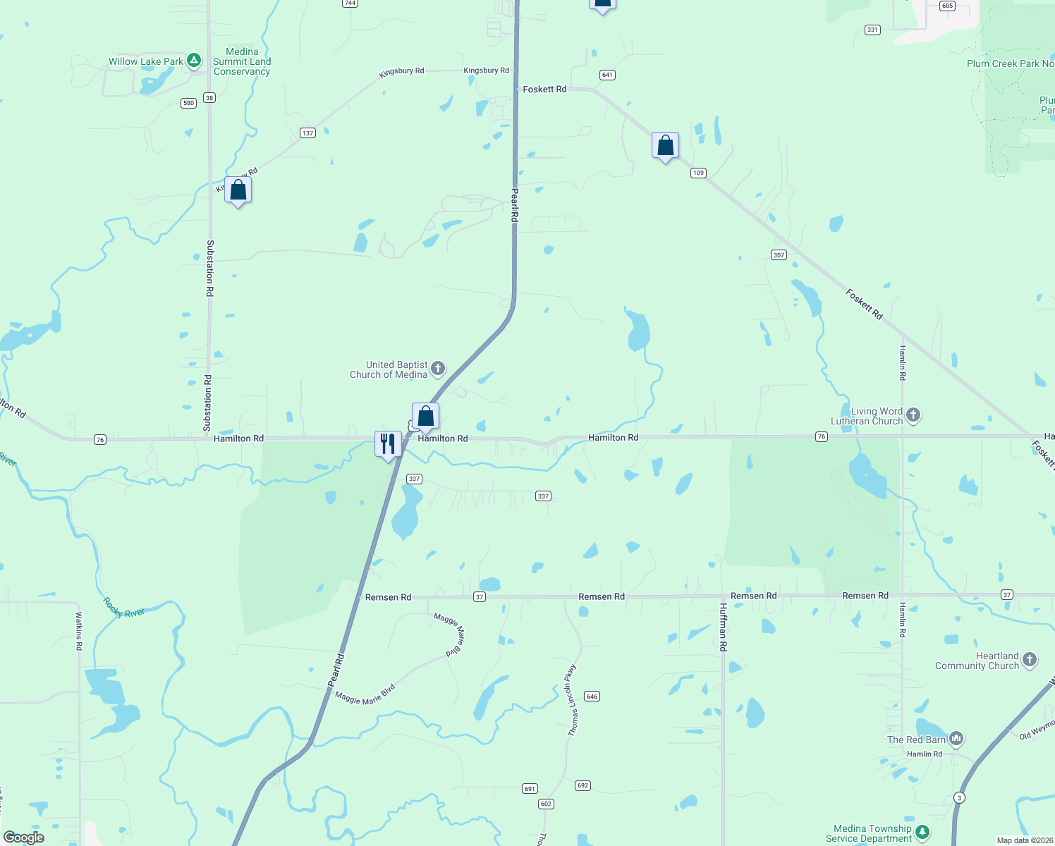 map of restaurants, bars, coffee shops, grocery stores, and more near 4297 Hamilton Road in Medina