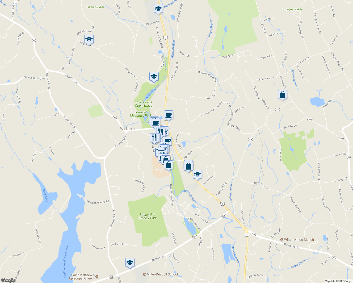 map of restaurants, bars, coffee shops, grocery stores, and more near 14 Crowne Pond Lane in Wilton