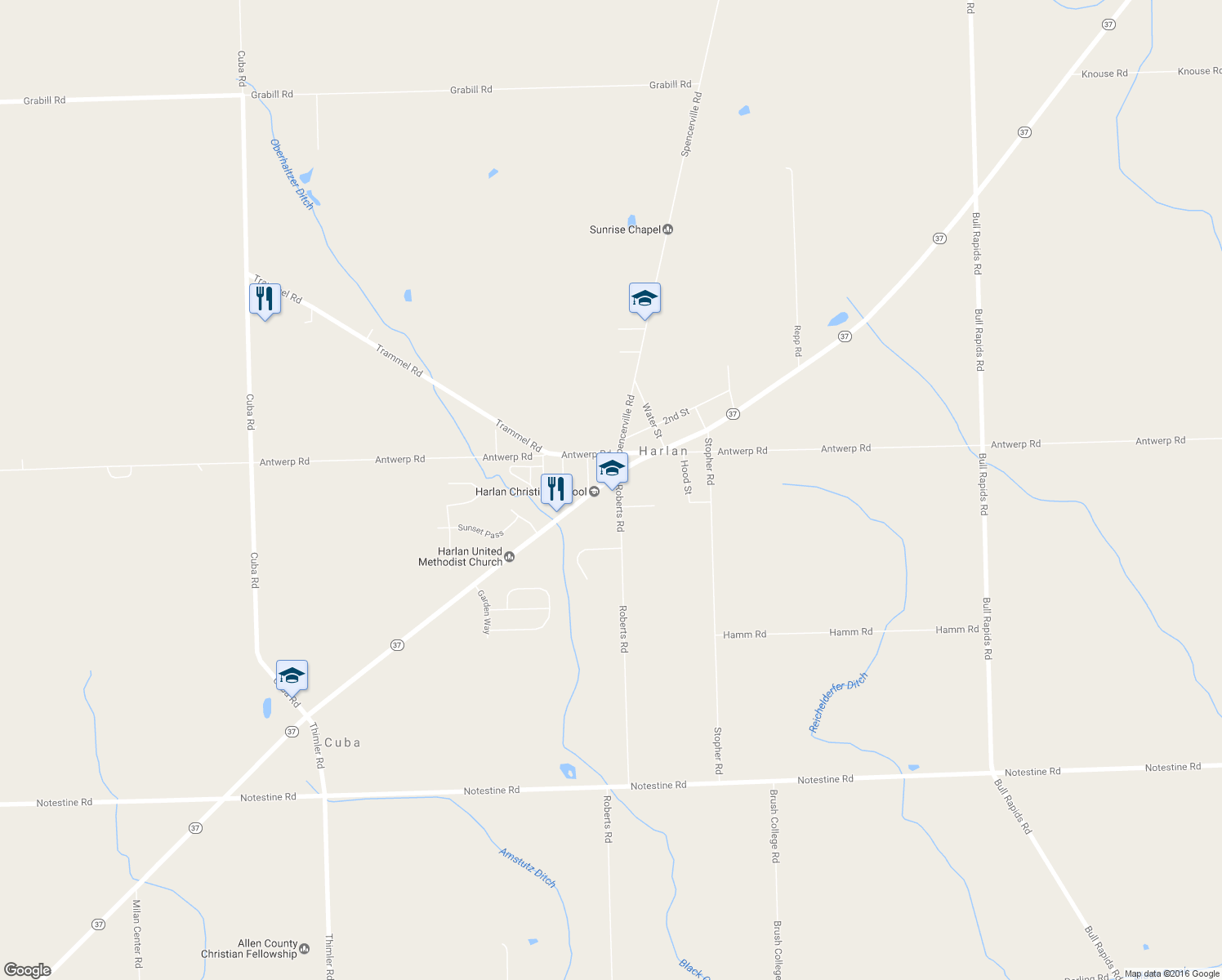 map of restaurants, bars, coffee shops, grocery stores, and more near 17208 Highway 37 in Harlan