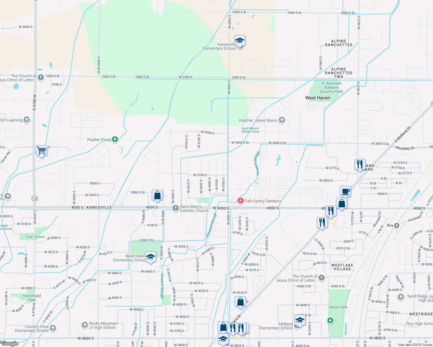 map of restaurants, bars, coffee shops, grocery stores, and more near 3711 South 3550 West in West Haven