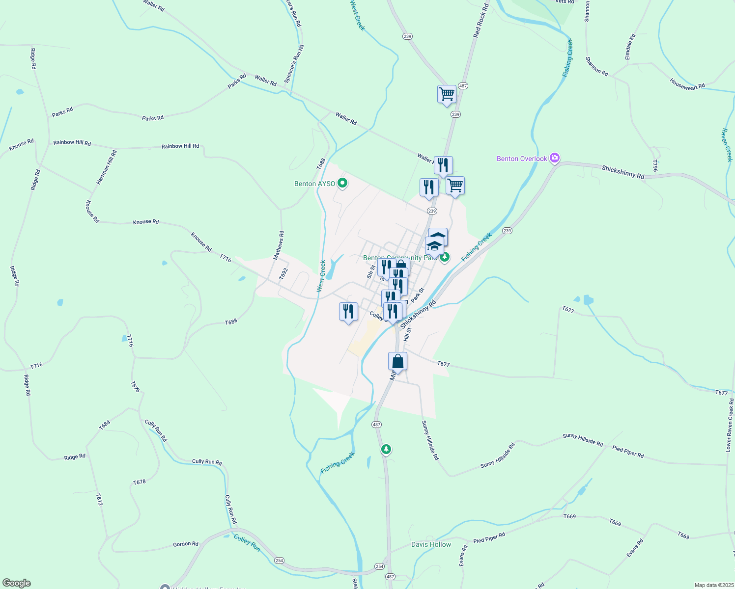 map of restaurants, bars, coffee shops, grocery stores, and more near 320 Market Street in Bloomsburg