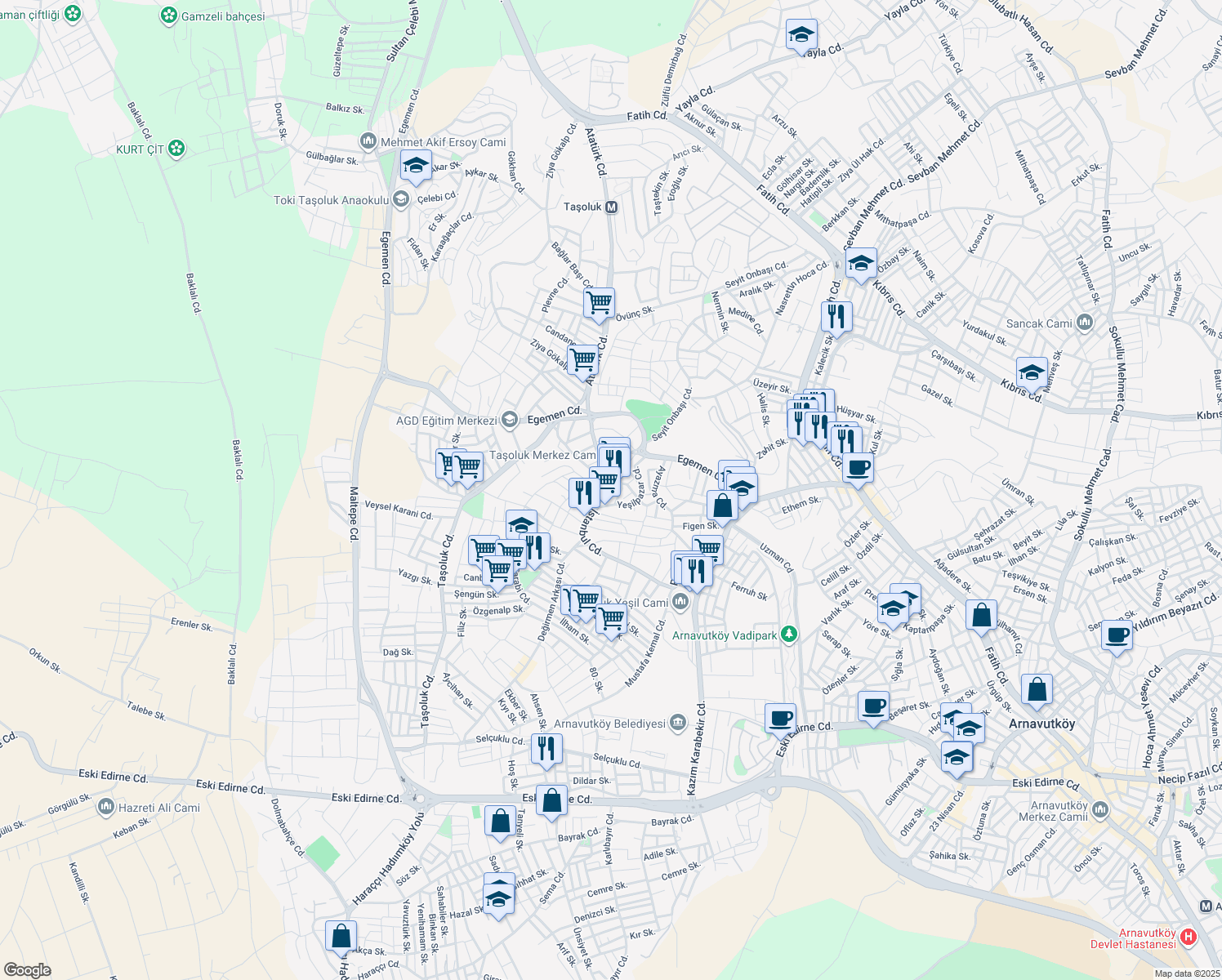 map of restaurants, bars, coffee shops, grocery stores, and more near İstanbul Caddesi in Arnavutköy