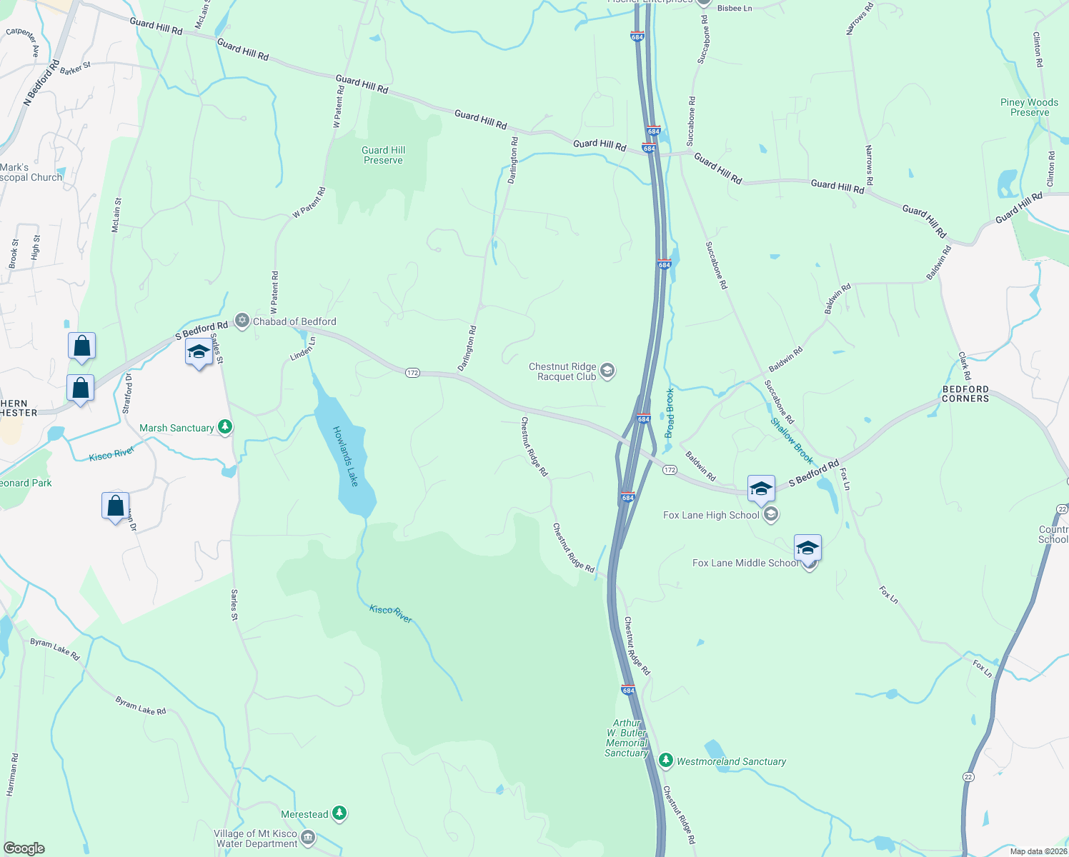 map of restaurants, bars, coffee shops, grocery stores, and more near 8 Chestnut Ridge Road in Mount Kisco