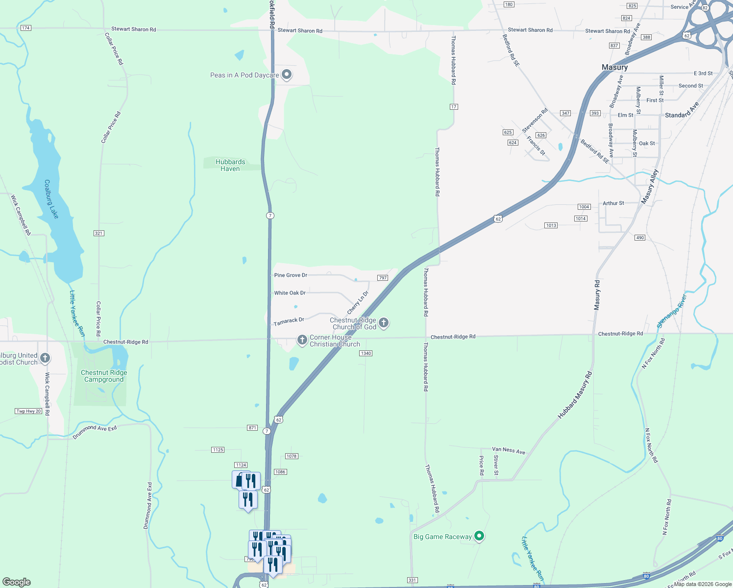 map of restaurants, bars, coffee shops, grocery stores, and more near 1741 Cherry Lane Drive in Hubbard