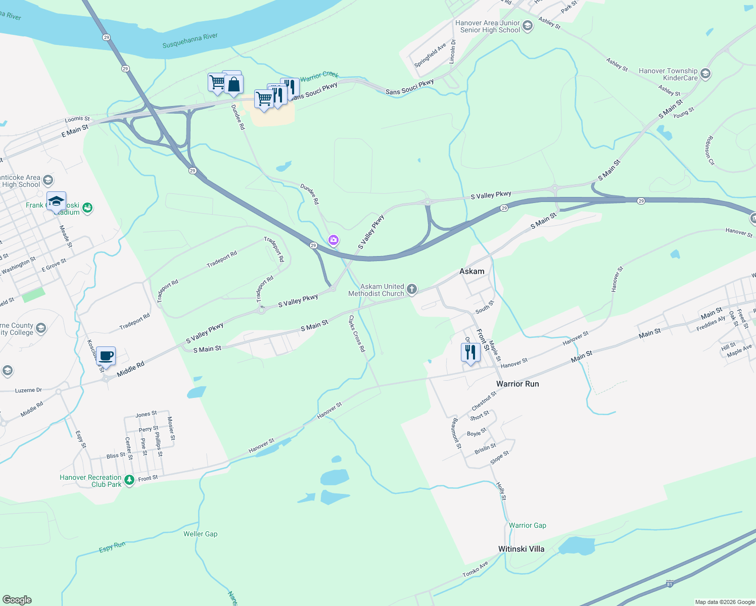 map of restaurants, bars, coffee shops, grocery stores, and more near 2898 S Main St in Wilkes-Barre