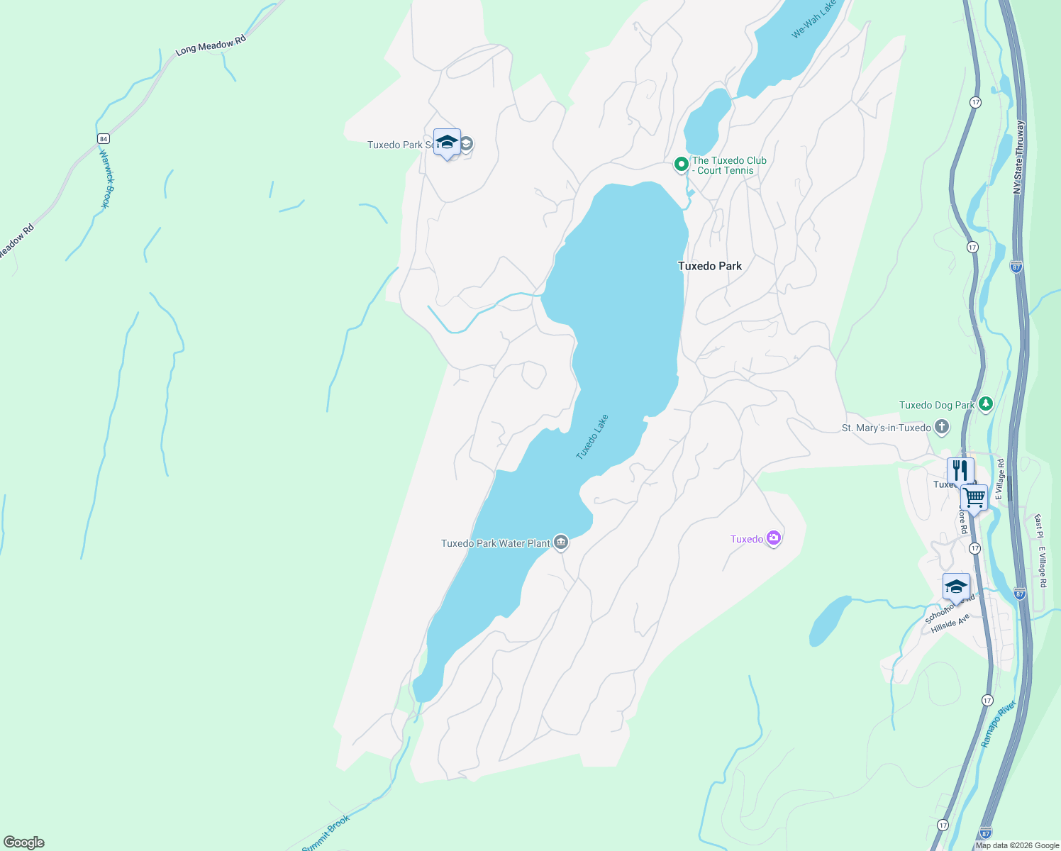 map of restaurants, bars, coffee shops, grocery stores, and more near 102 Turtle Point Road in Tuxedo Park