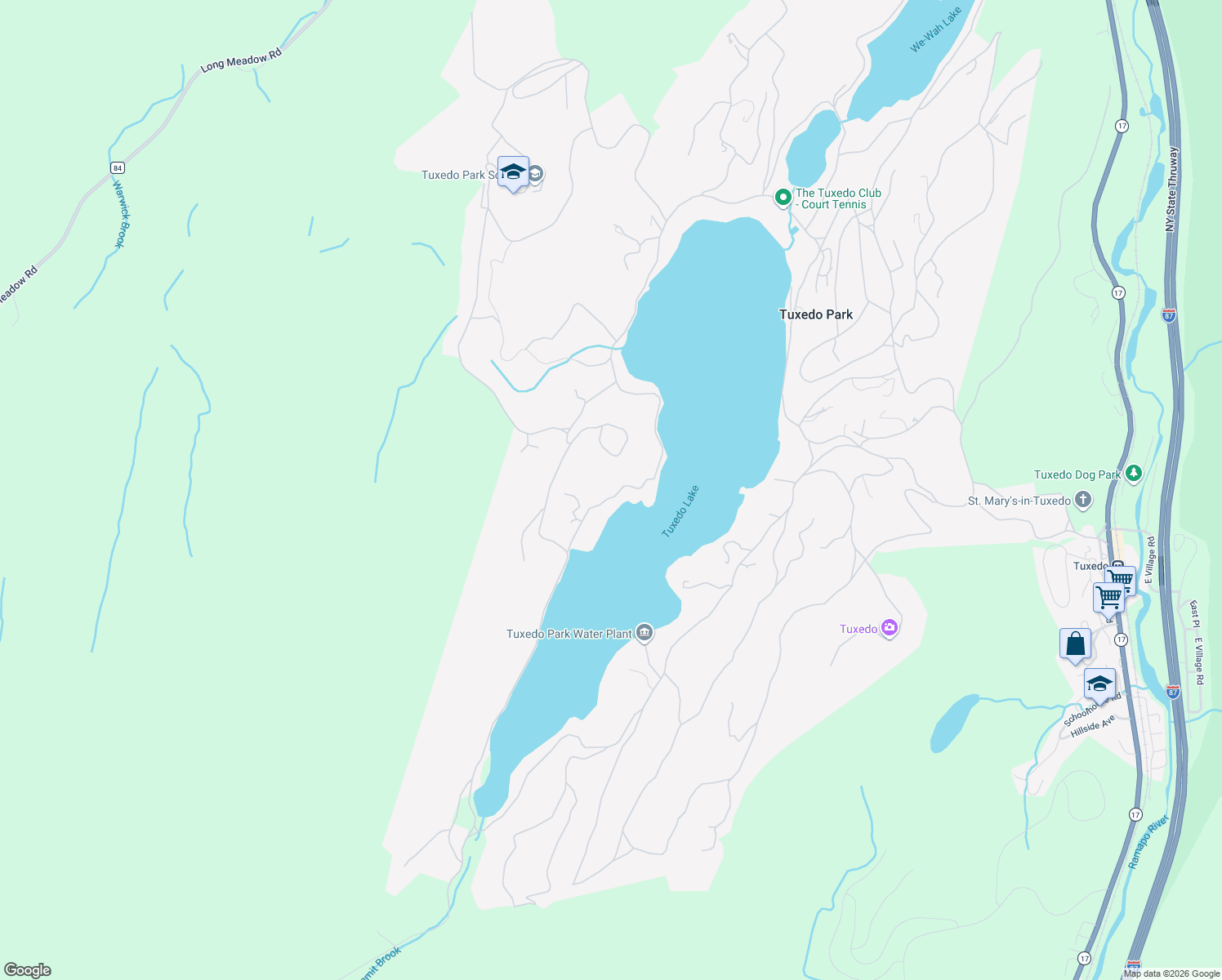 map of restaurants, bars, coffee shops, grocery stores, and more near 102 Turtle Point Road in Tuxedo Park