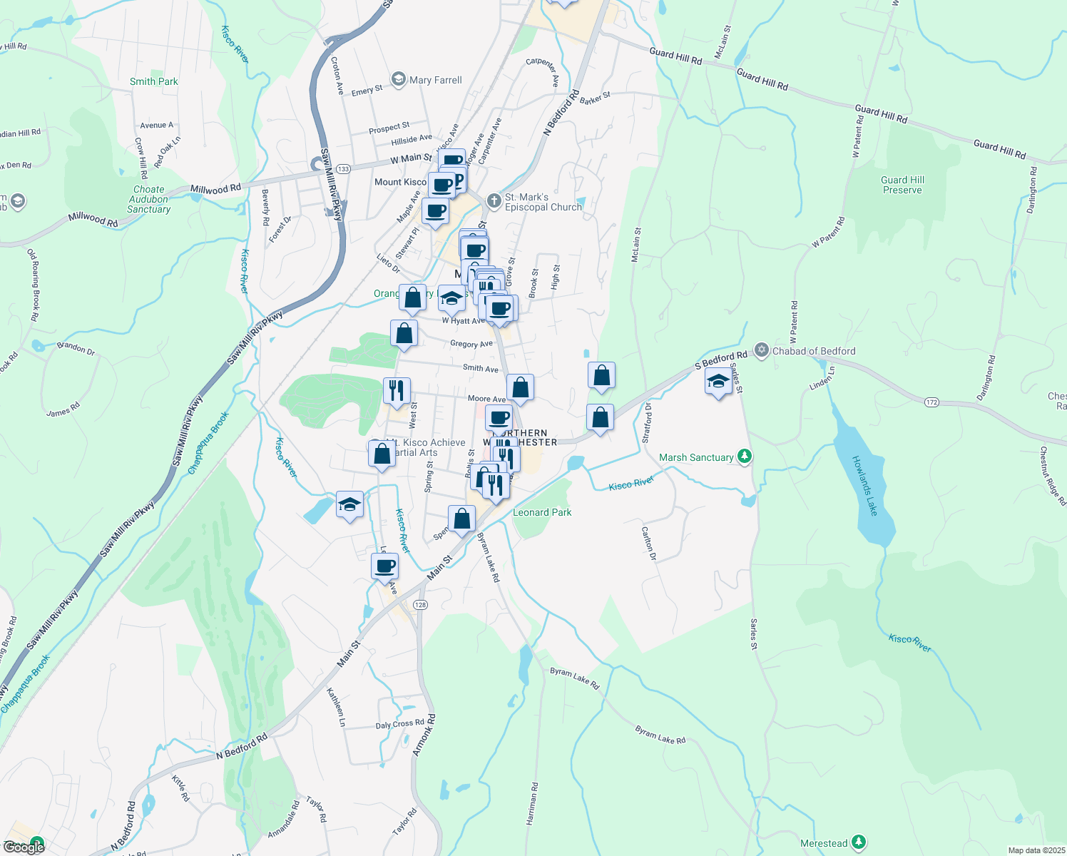 map of restaurants, bars, coffee shops, grocery stores, and more near 15 South Bedford Road in Mount Kisco