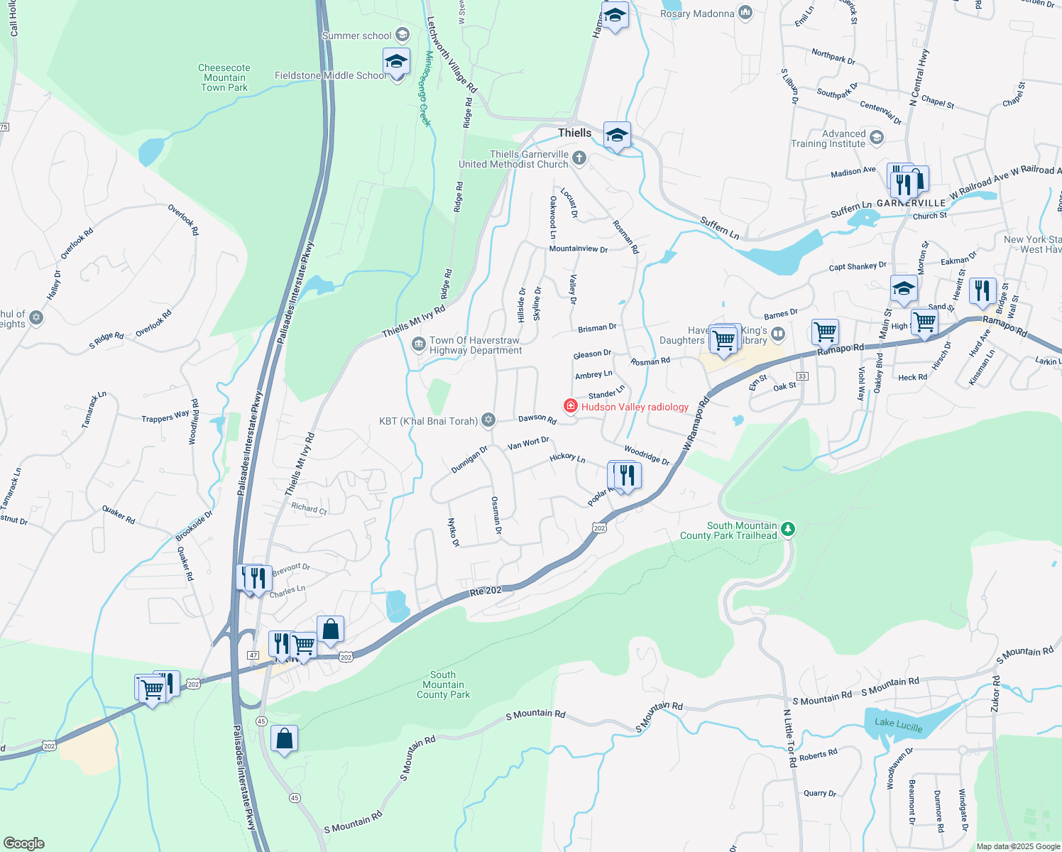 map of restaurants, bars, coffee shops, grocery stores, and more near 9 Dawson Road in Thiells
