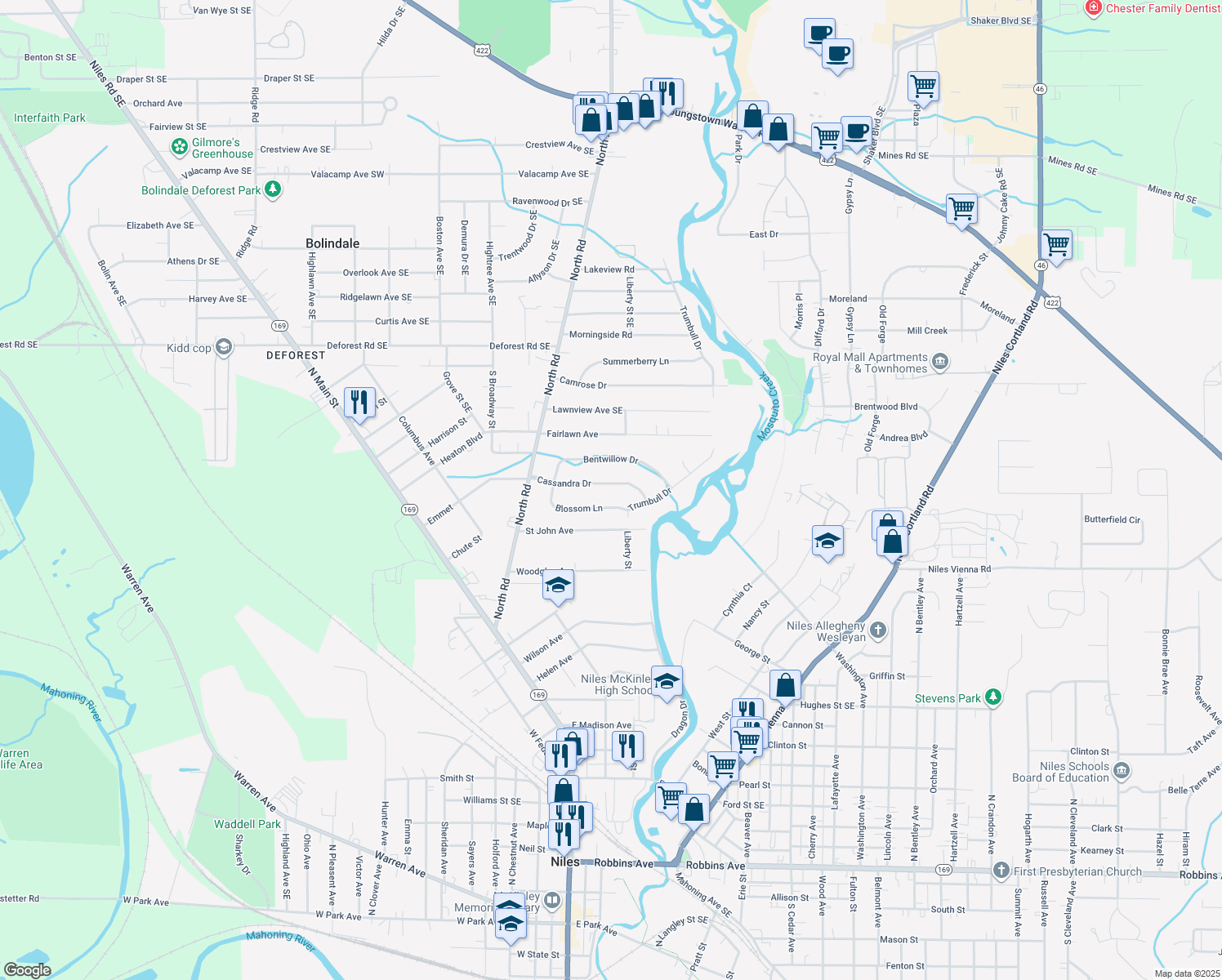 map of restaurants, bars, coffee shops, grocery stores, and more near 176 Cassandra Dr in Niles