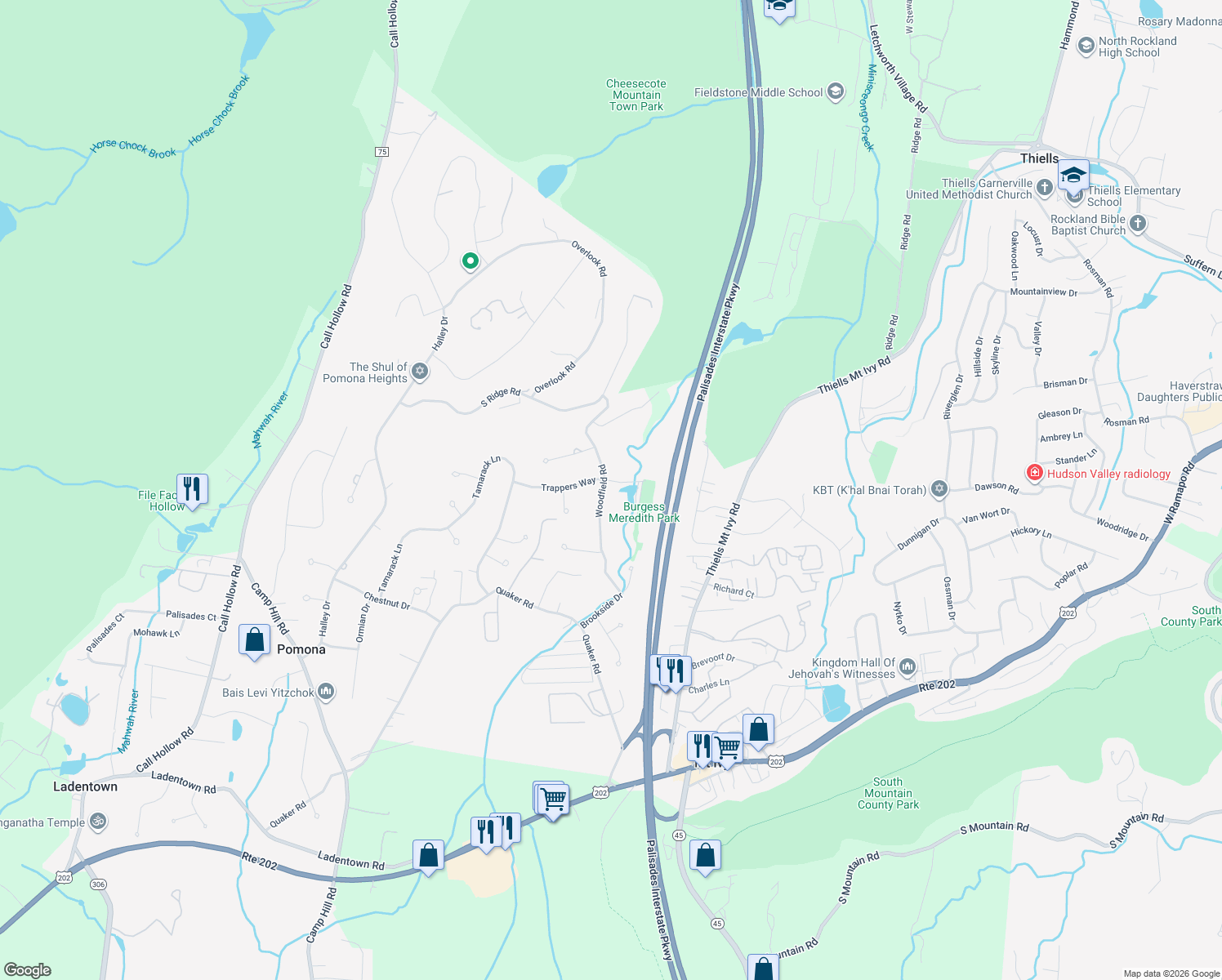 map of restaurants, bars, coffee shops, grocery stores, and more near 19 Woodfield Road in Pomona