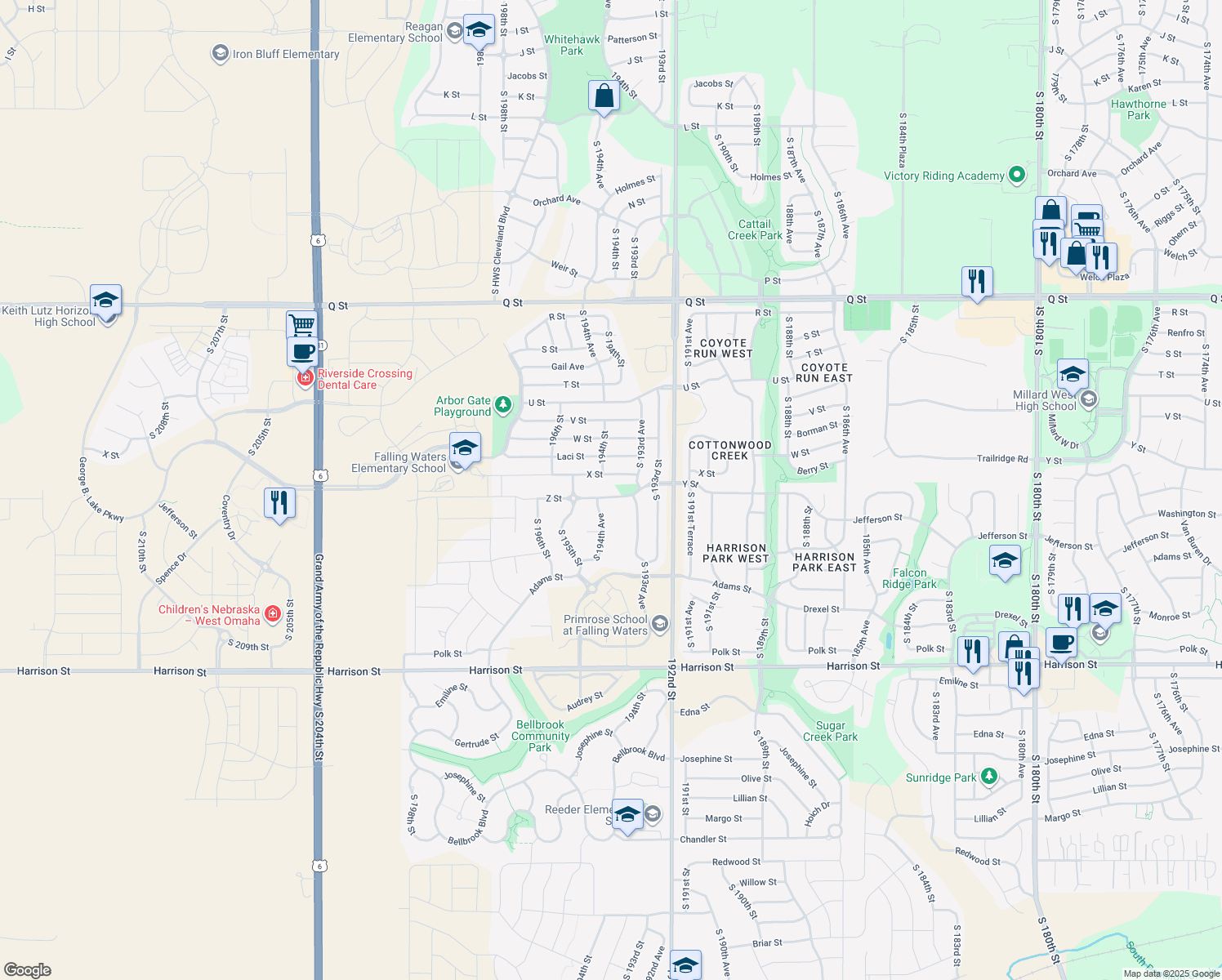 map of restaurants, bars, coffee shops, grocery stores, and more near 19370 Y Street in Omaha
